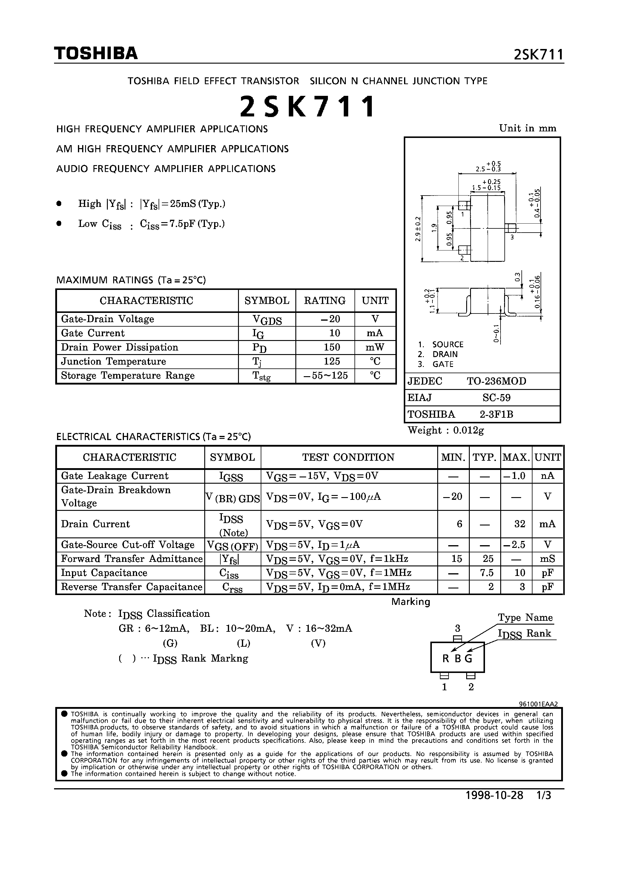 Datasheet 2SK711 - N CHANNEL JUNCTION TYPE (HIGH/ AM HIGH/ AUDIO FREQUENCY AMPLIFIER APPLICATIONS) page 1