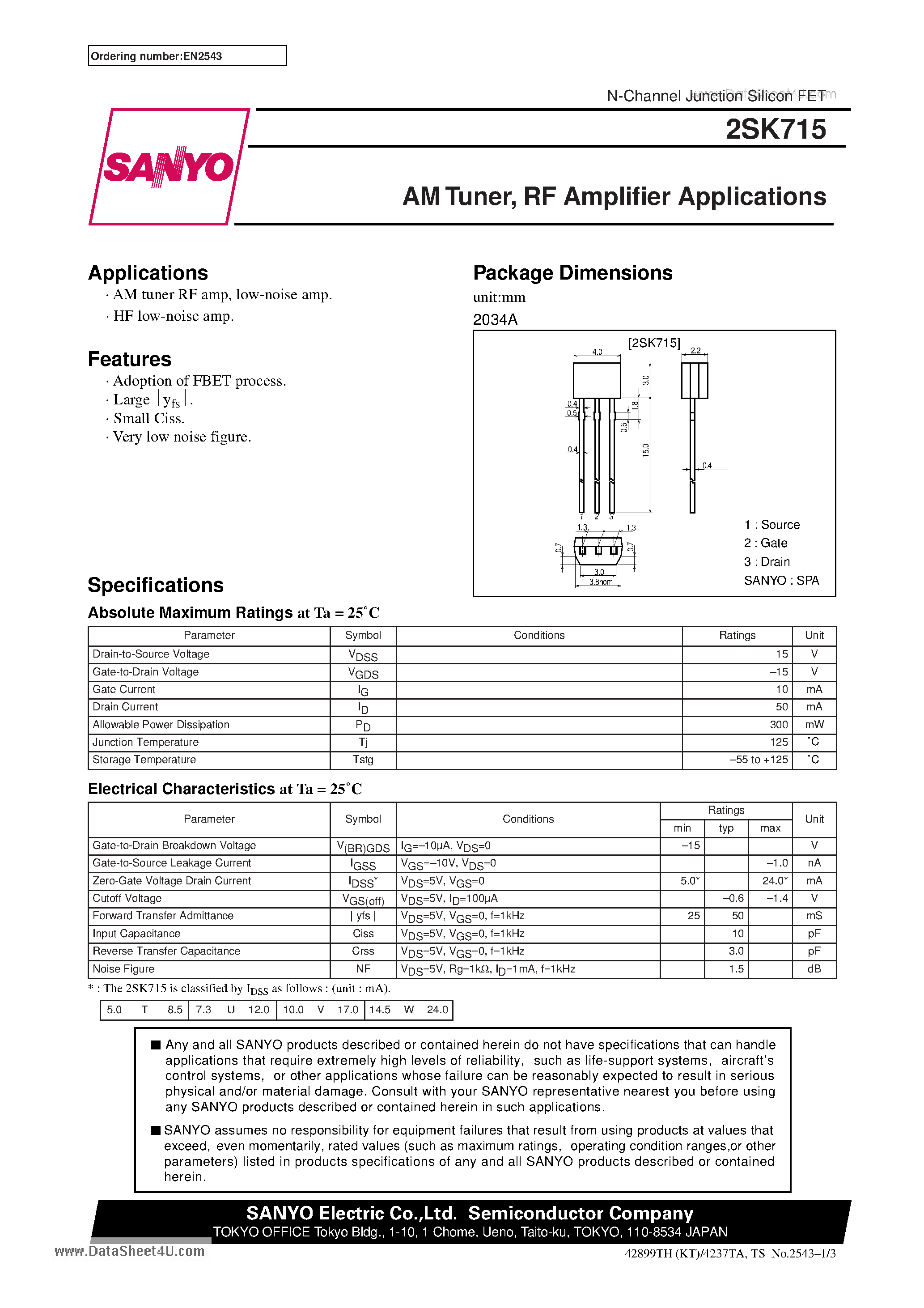 Datasheet 2SK715 - AM Tuner RF Amp Applications page 1
