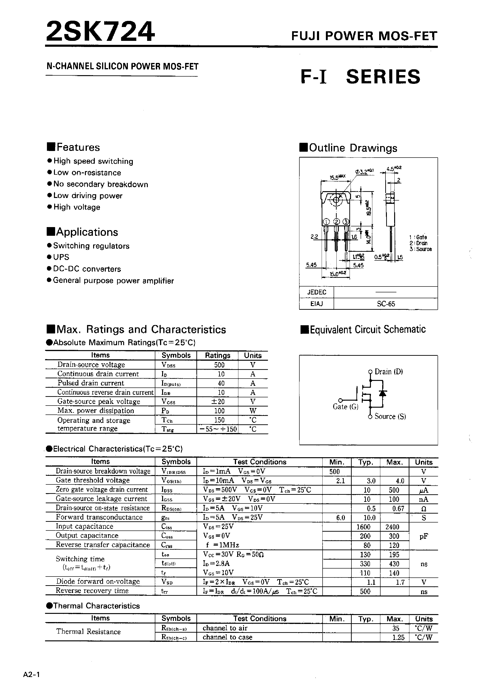 Datasheet 2SK724 - N-CHANNEL SILICON POWER MOSFET page 1