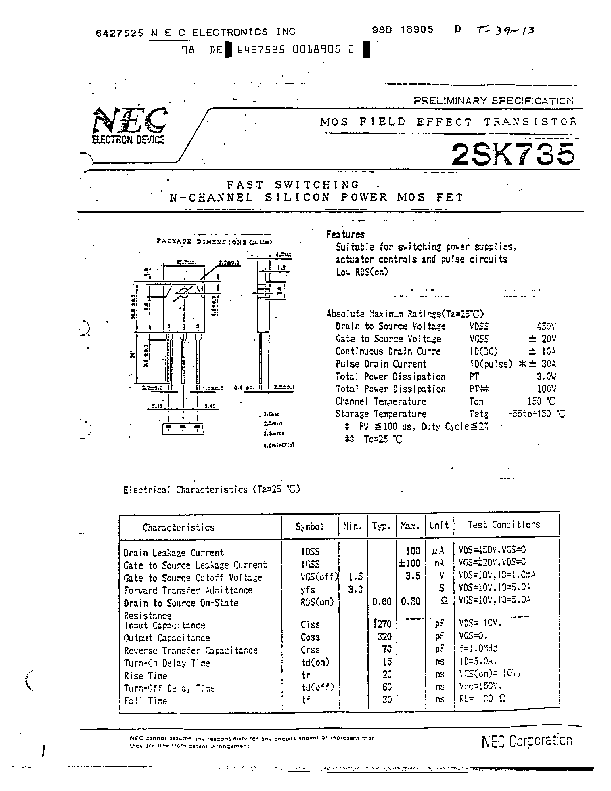 Datasheet 2SK735 - FAST SWITCHING N-CHANNEL SILICON POWER MOS FET page 1