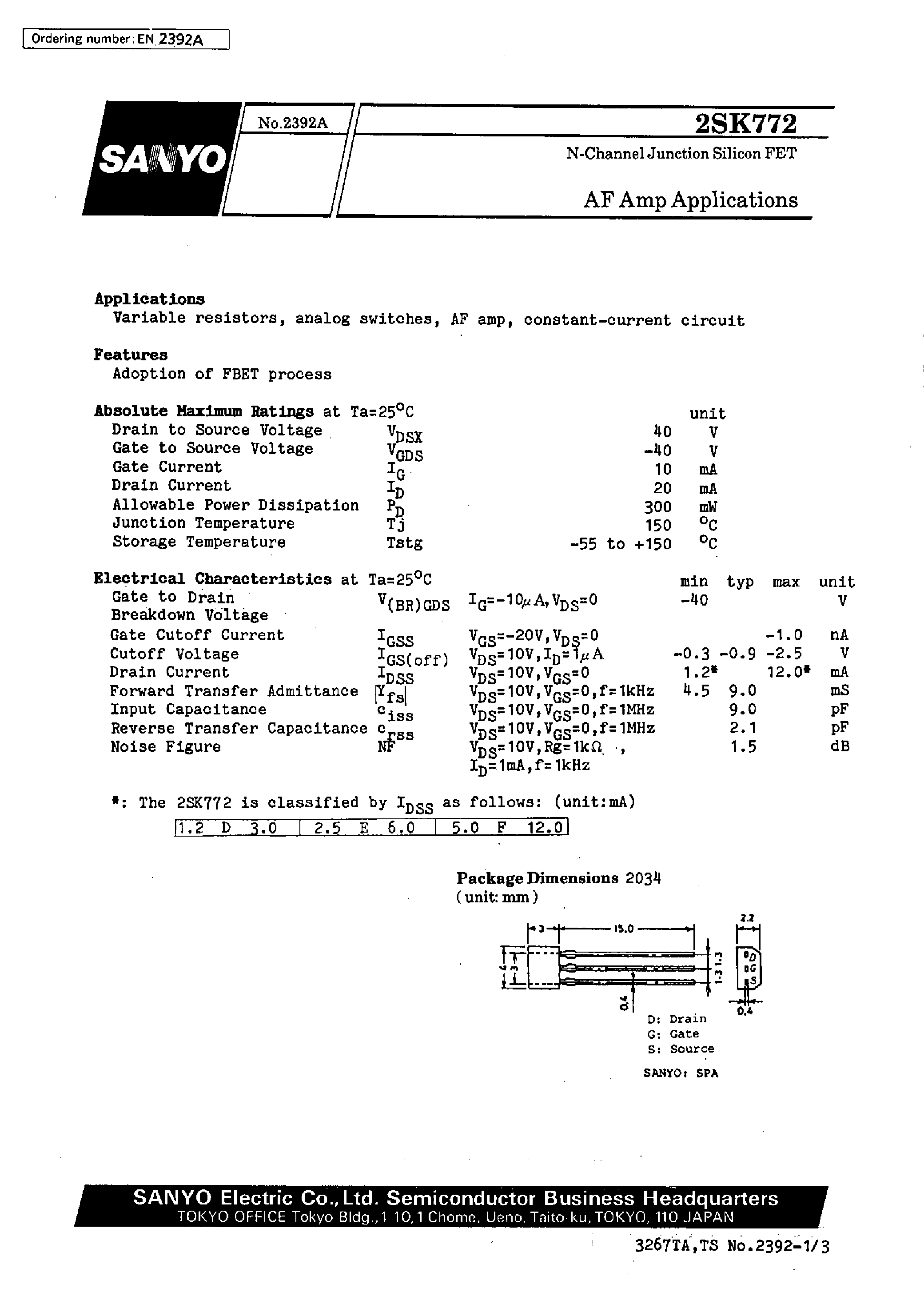 Datasheet 2SK772 page 1 Datasheet 2SK772 - AF Amp Applications page 1