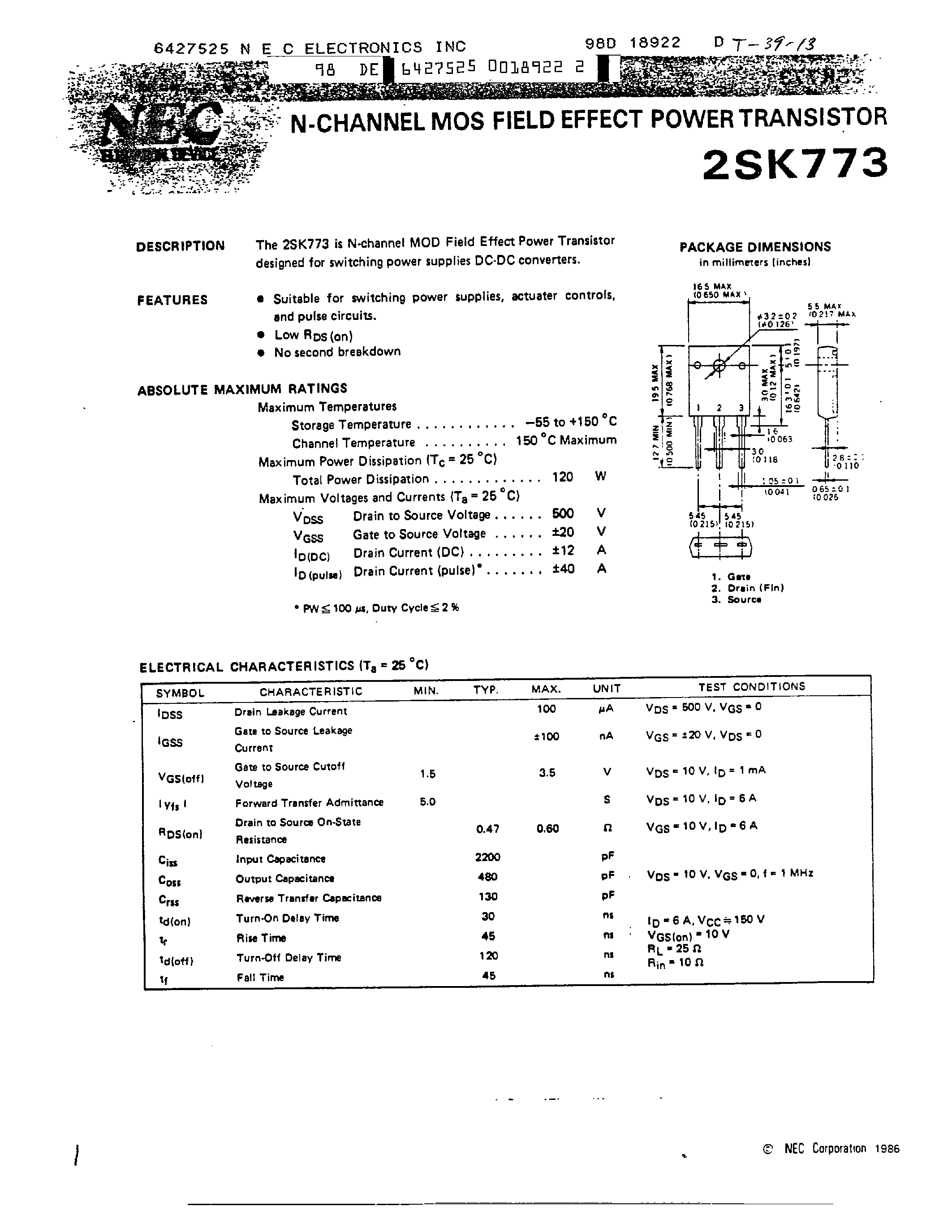 Datasheet 2SK773 page 1 Datasheet 2SK773 - N CHANNEL MOS FIELD EFFECT POWER TRANSISTOR page 1