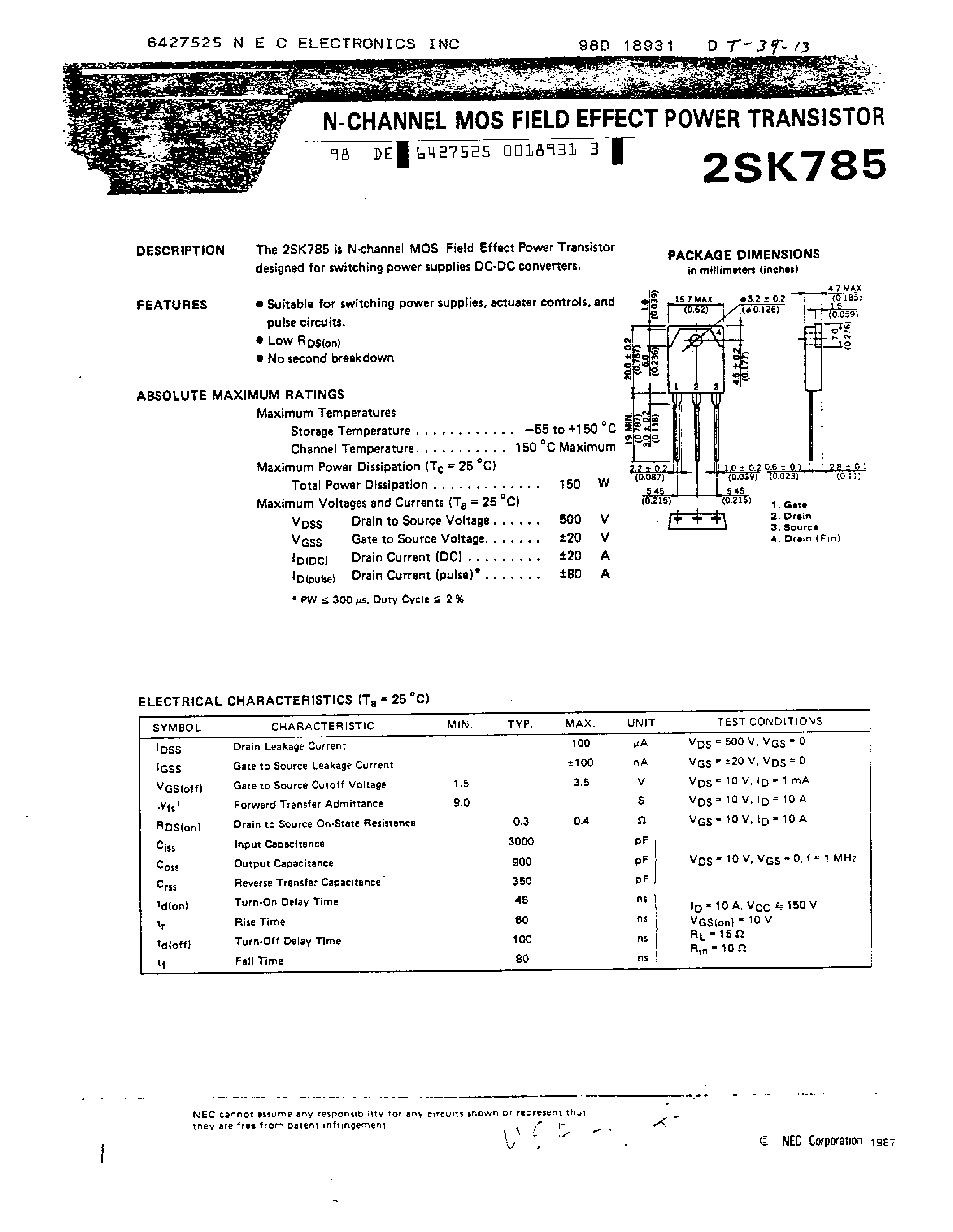 Даташит на микросхему 2SK785 страница 1 Даташит 2SK785 - N CHANNEL MOS FIELD EFFECT POWER TRANSISTOR страница 1