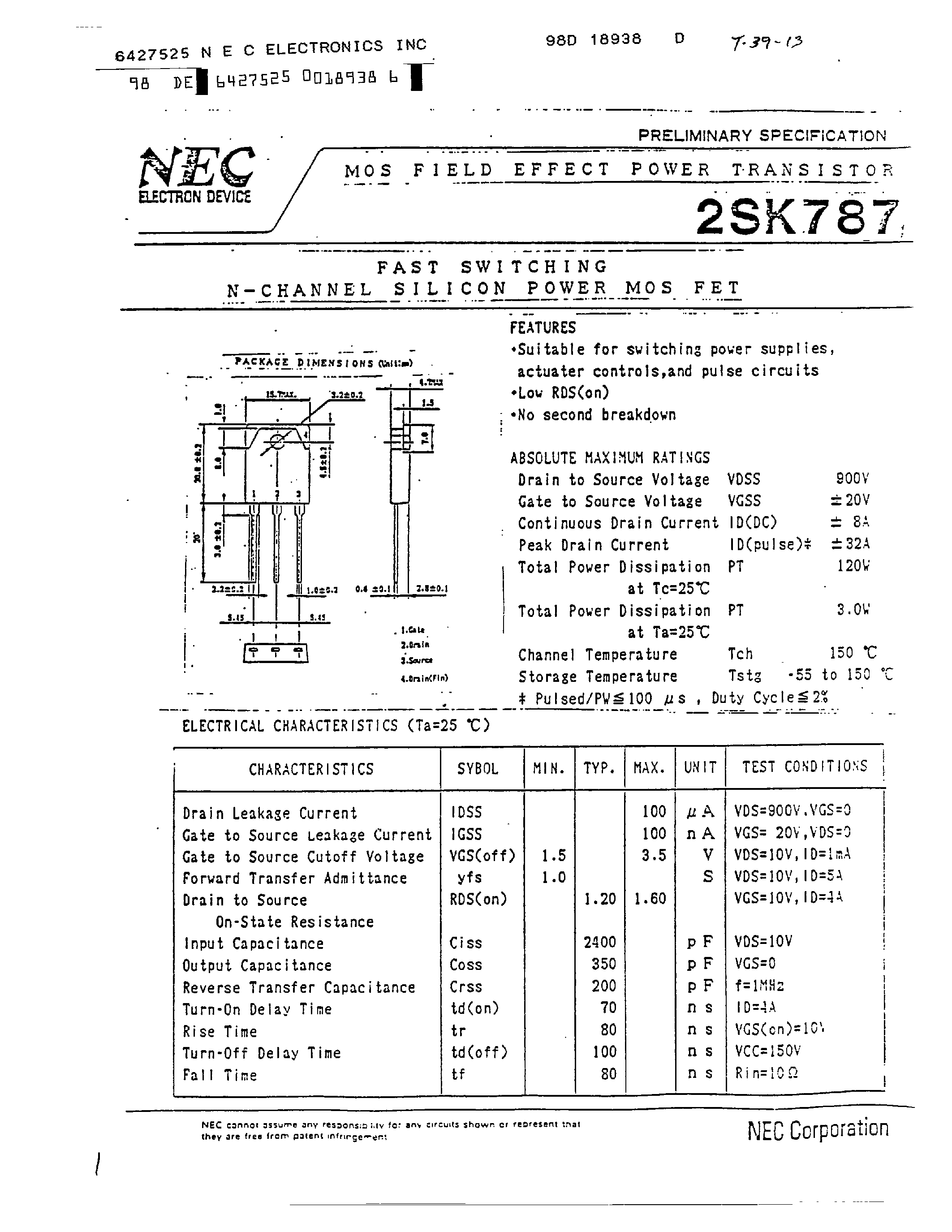 Datasheet 2SK787 - FAST SWITCHING N-CHANNEL SILICON POWER MOS FET page 1