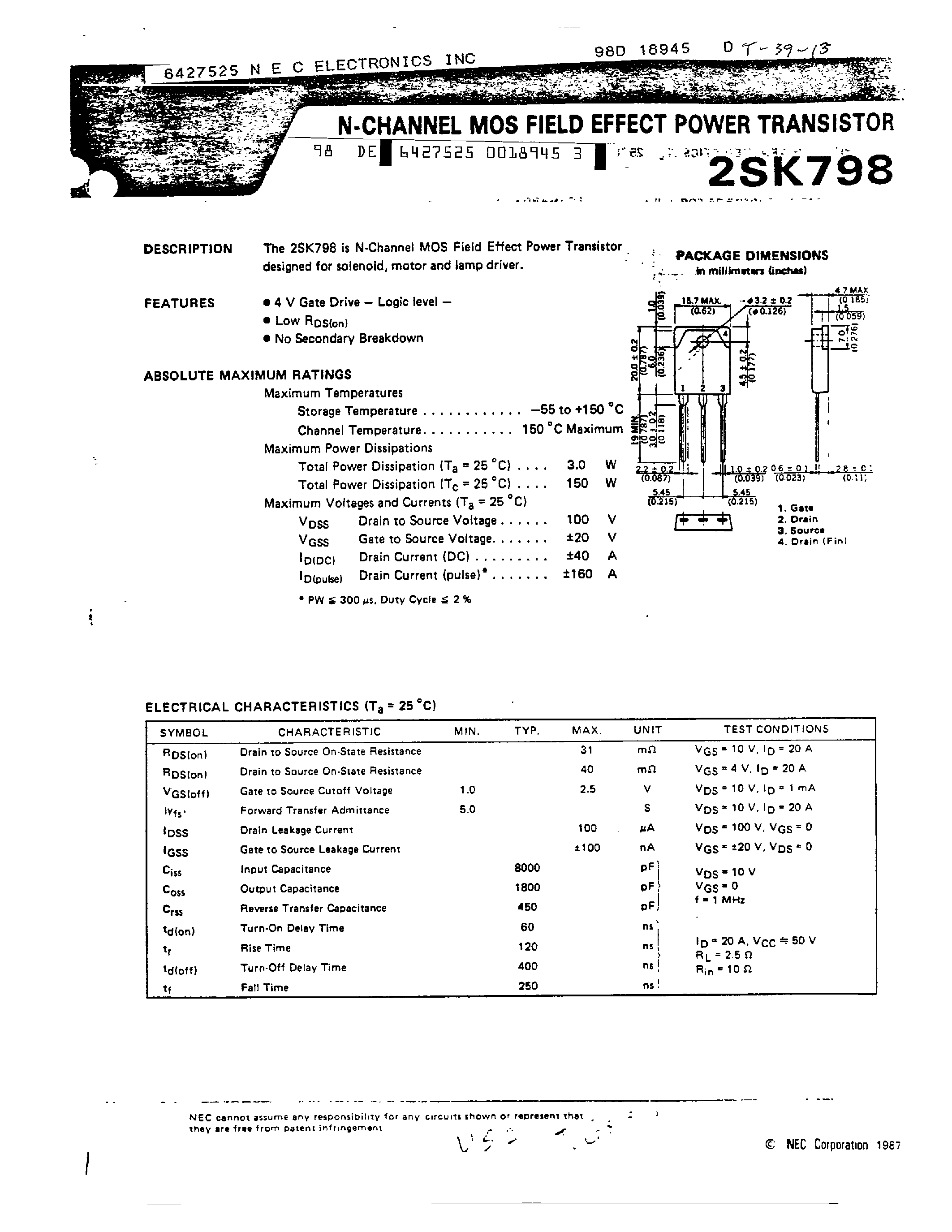 Datasheet 2SK798 - N CHANNEL MOS FIELD POWER TRANSISTOR page 1