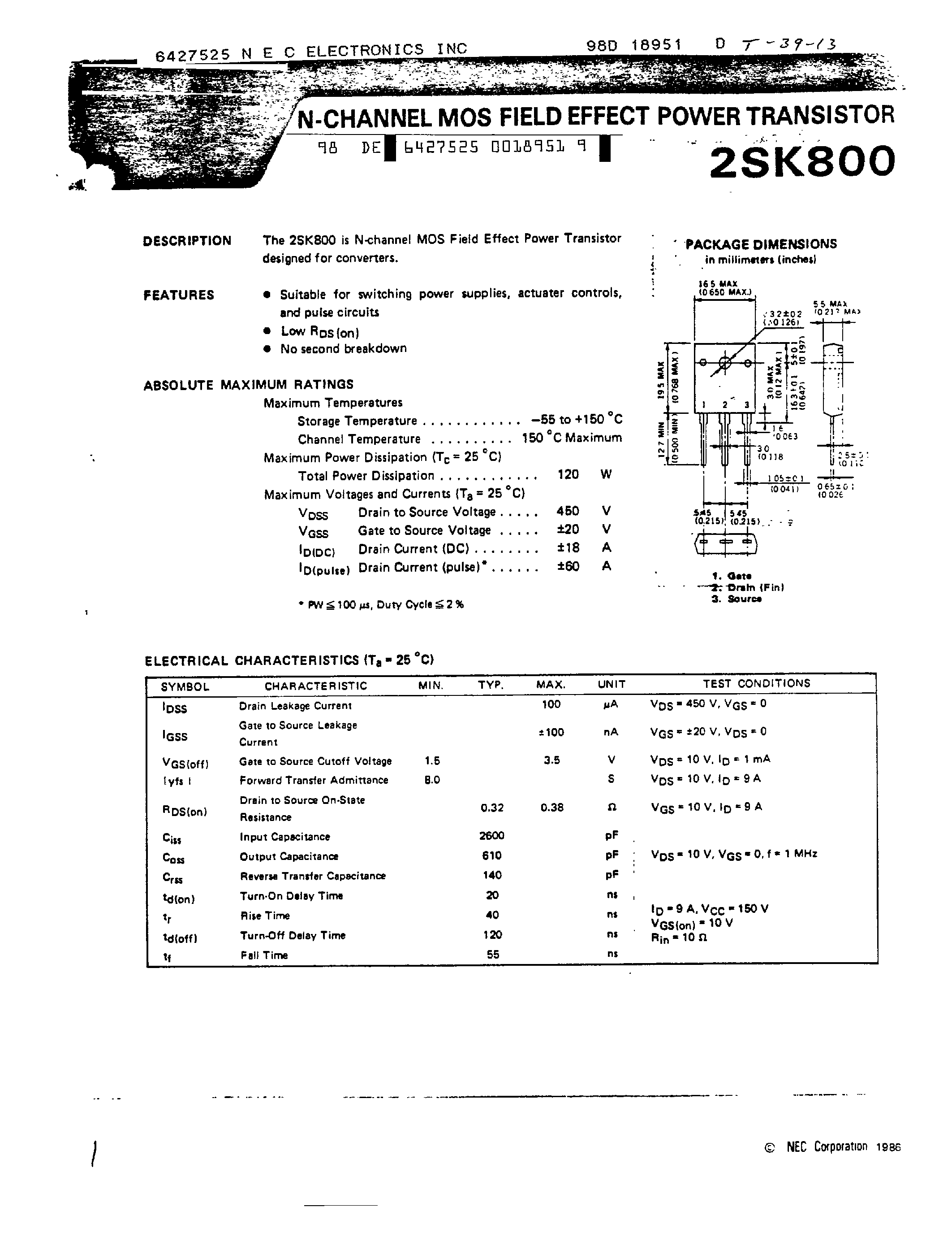 Datasheet 2SK800 - N-CHANNEL MOS FIELD EFFECT POWER TRANSISTOR page 1