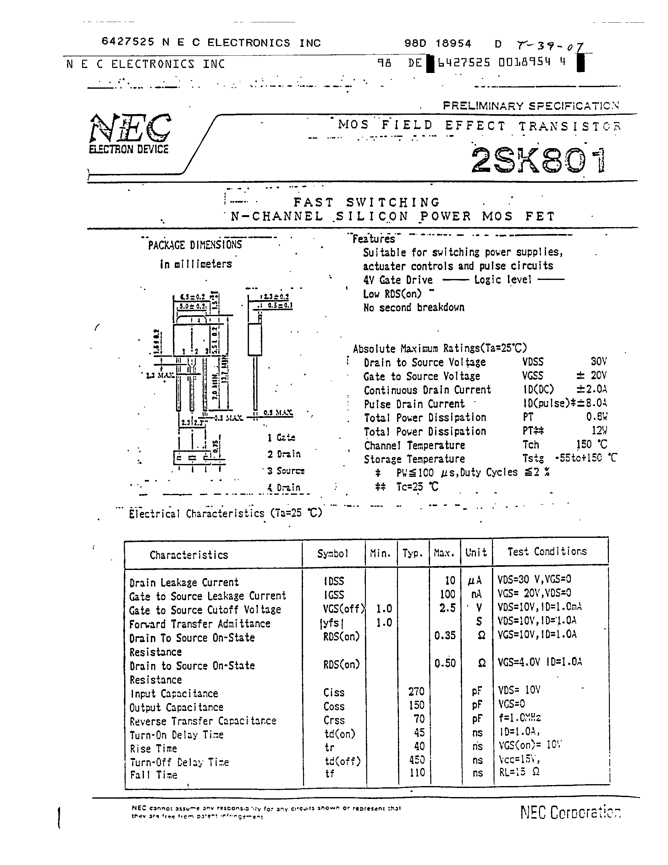 Datasheet 2SK801 page 1 Datasheet 2SK801 - MOS FIELD EFFECT TRANSISTOR page 1