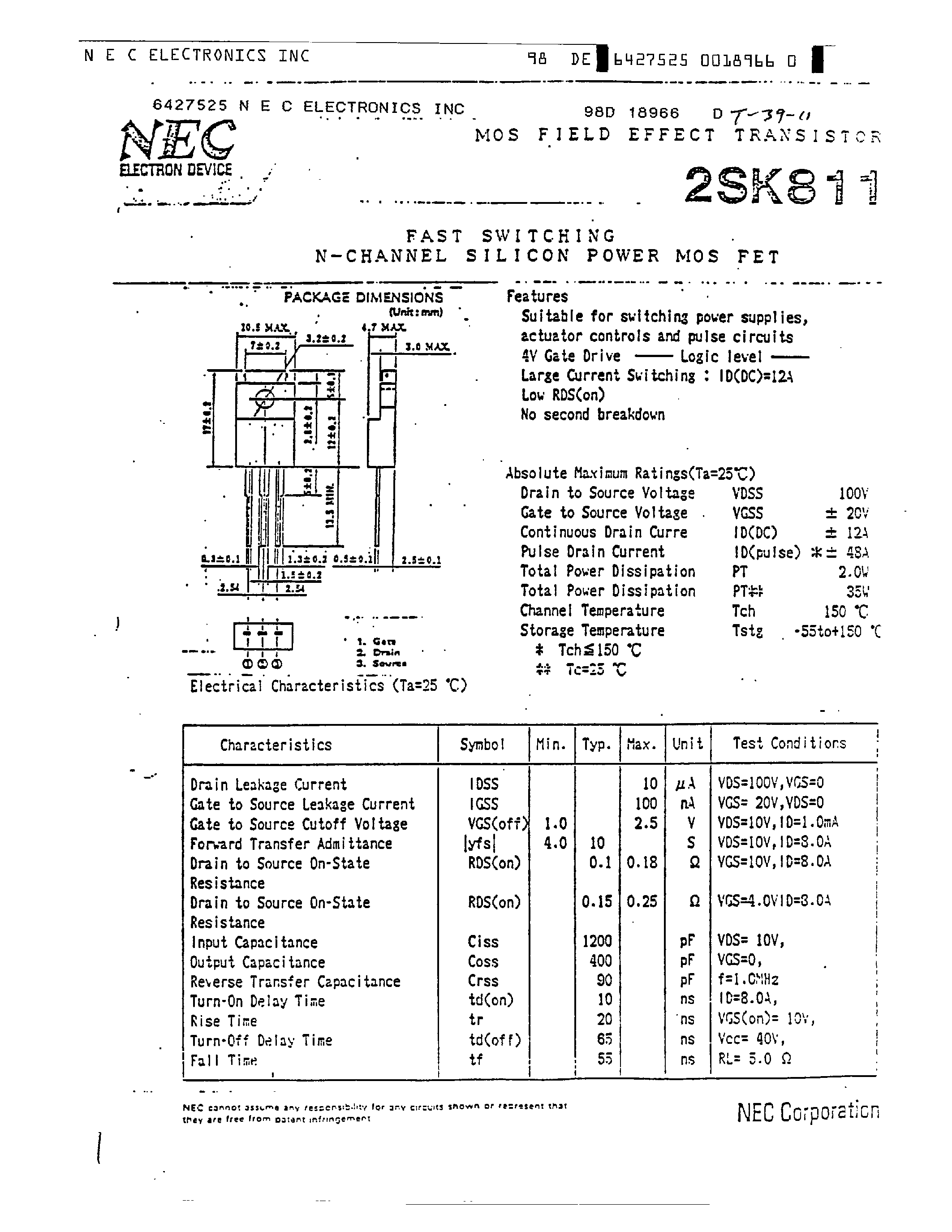 Datasheet 2SK811 page 1 Datasheet 2SK811 - MOS FIELD EFFECT TRANSISTOR page 1