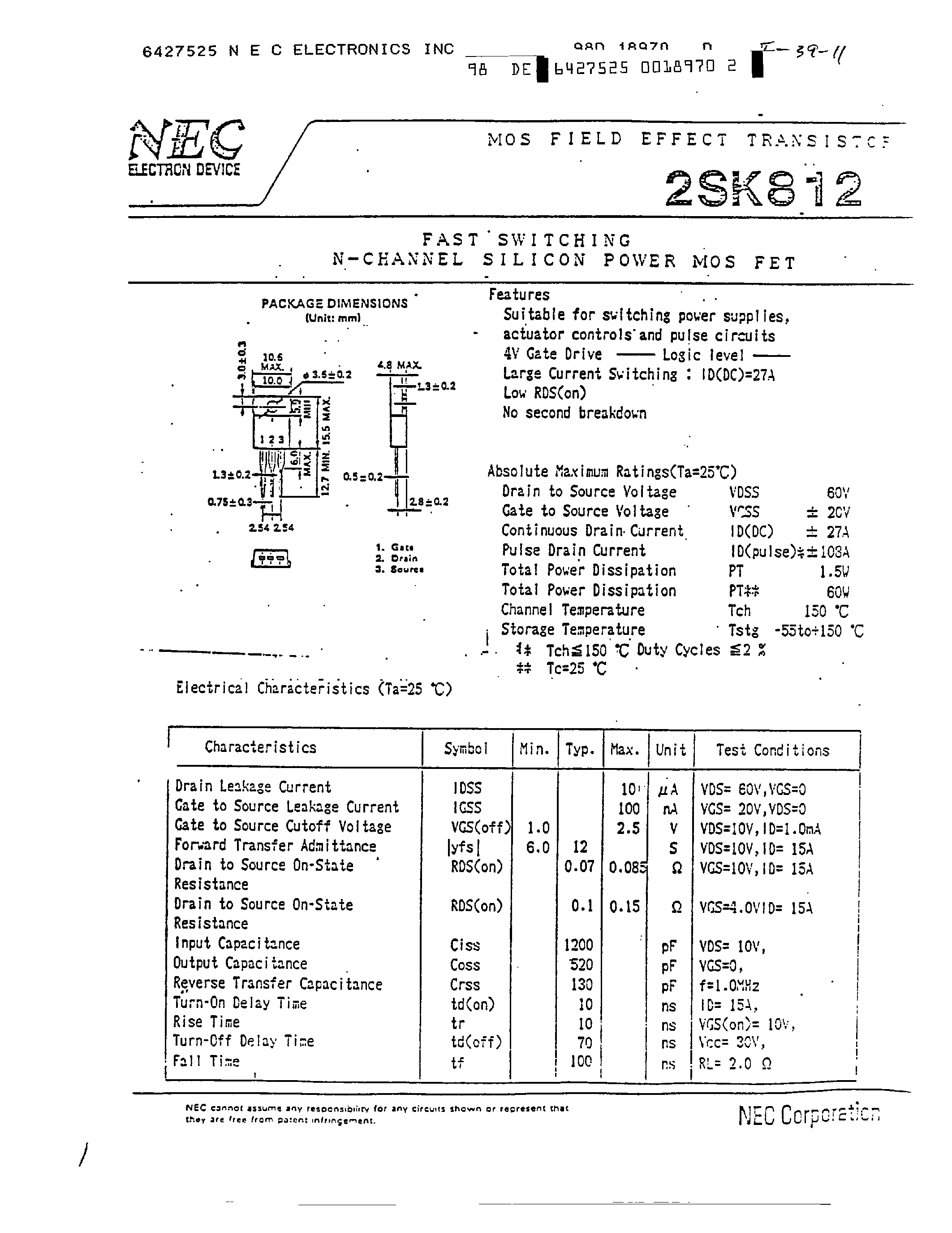 Datasheet 2SK812 - MOS FIELD EFFECT TRANSISTOR page 1
