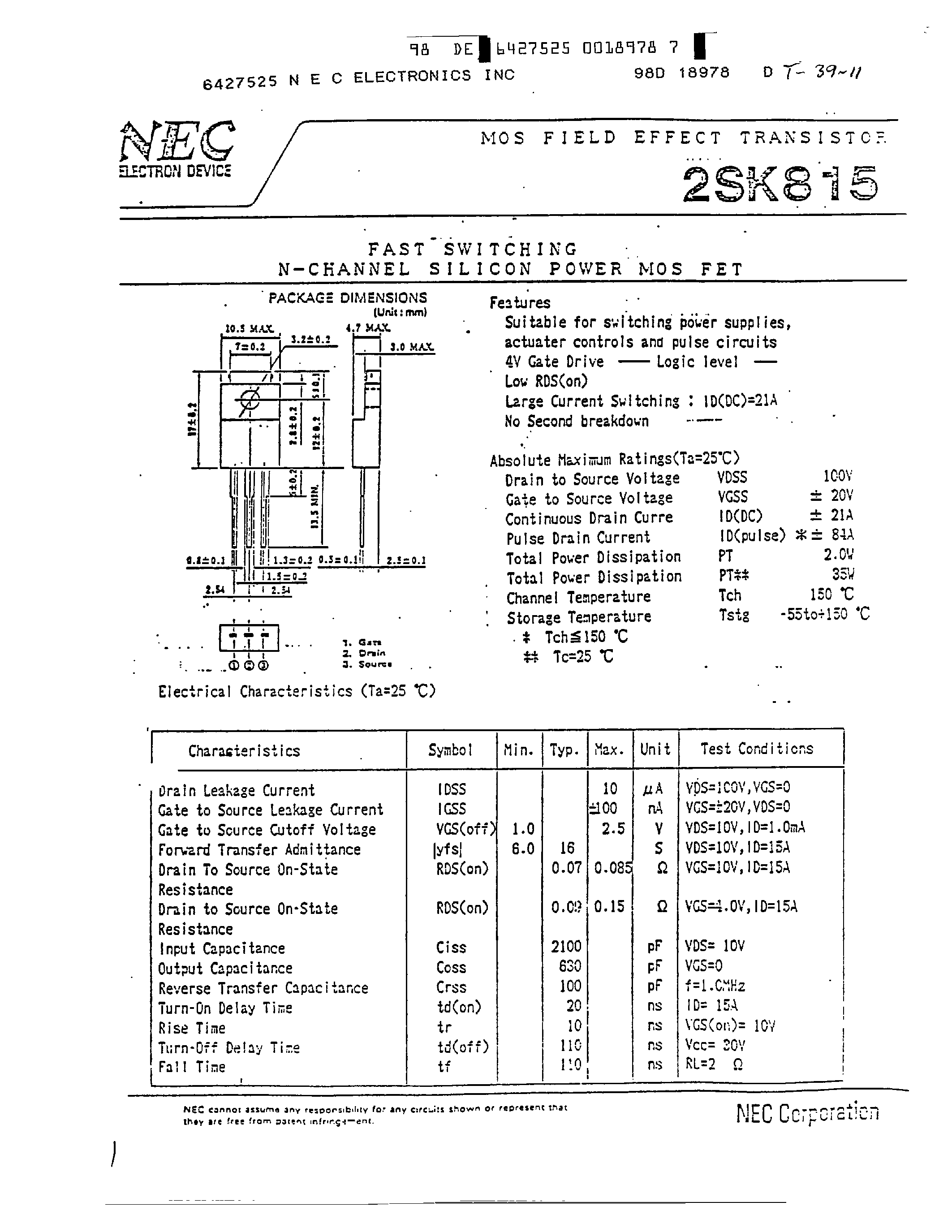 Datasheet 2SK815 page 1 Datasheet 2SK815 - MOS FIELD EFFECT TRANSISTOR page 1