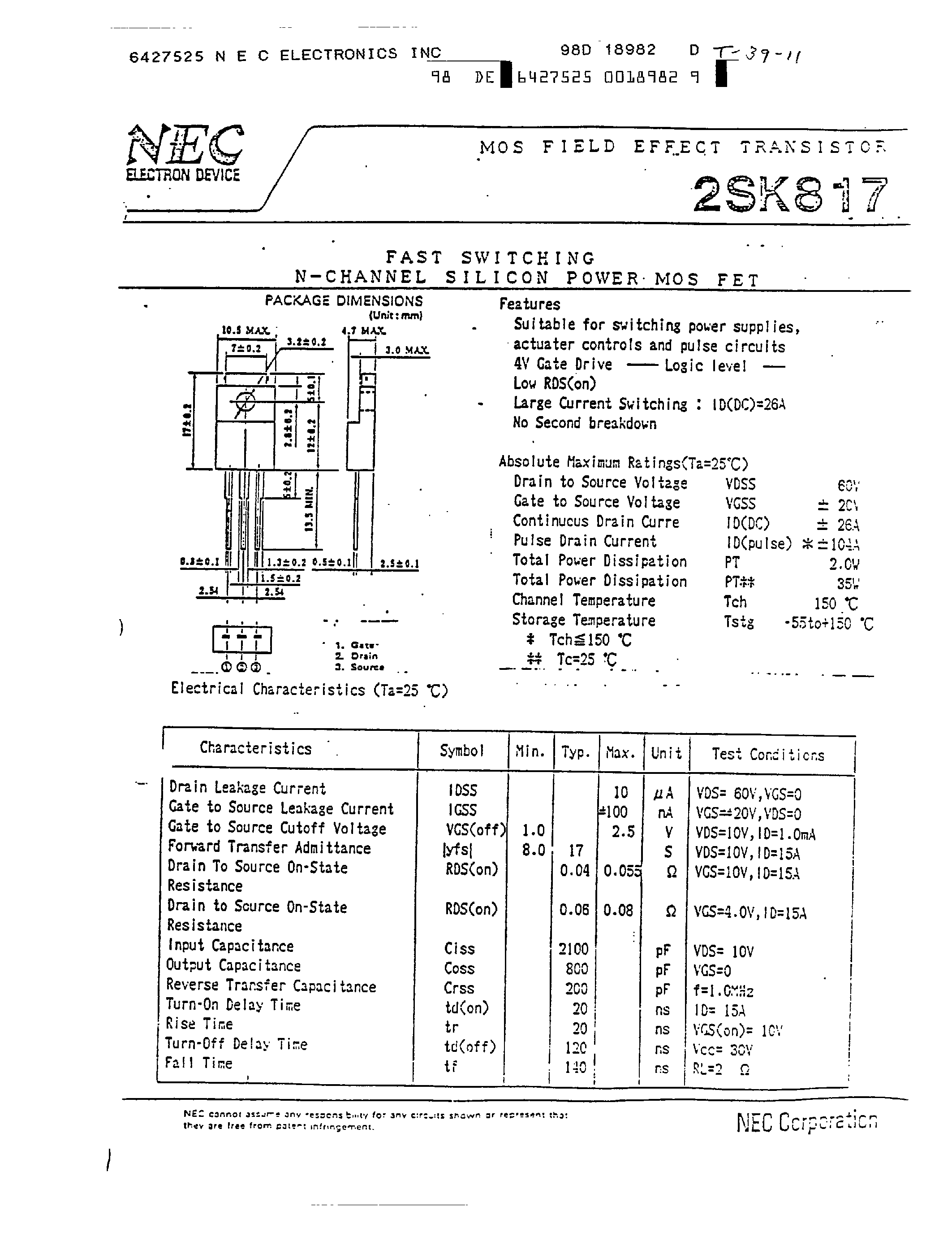 Datasheet 2SK817 - MOS FIELD EFFECT TRANSISTOR page 1