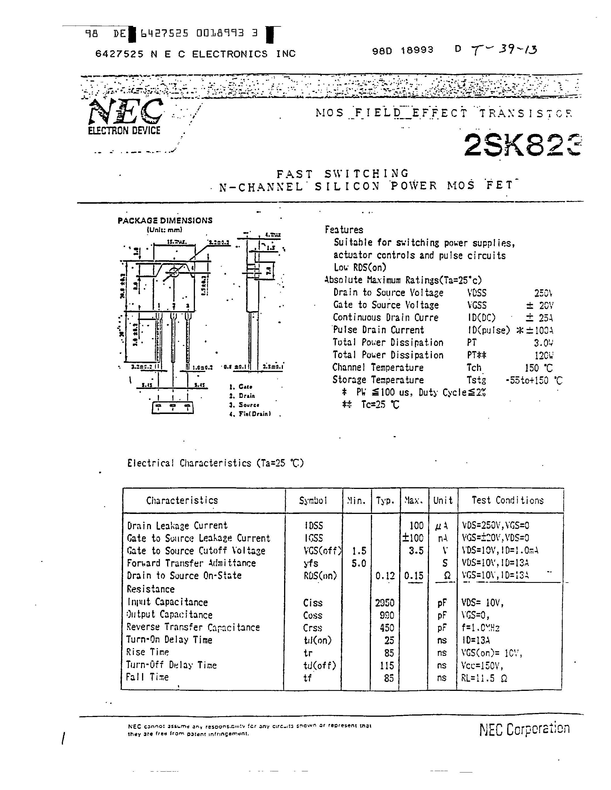 Datasheet 2SK823 - FAST SWITCHING N-CHANNEL SILICON POWER MOS FET page 1