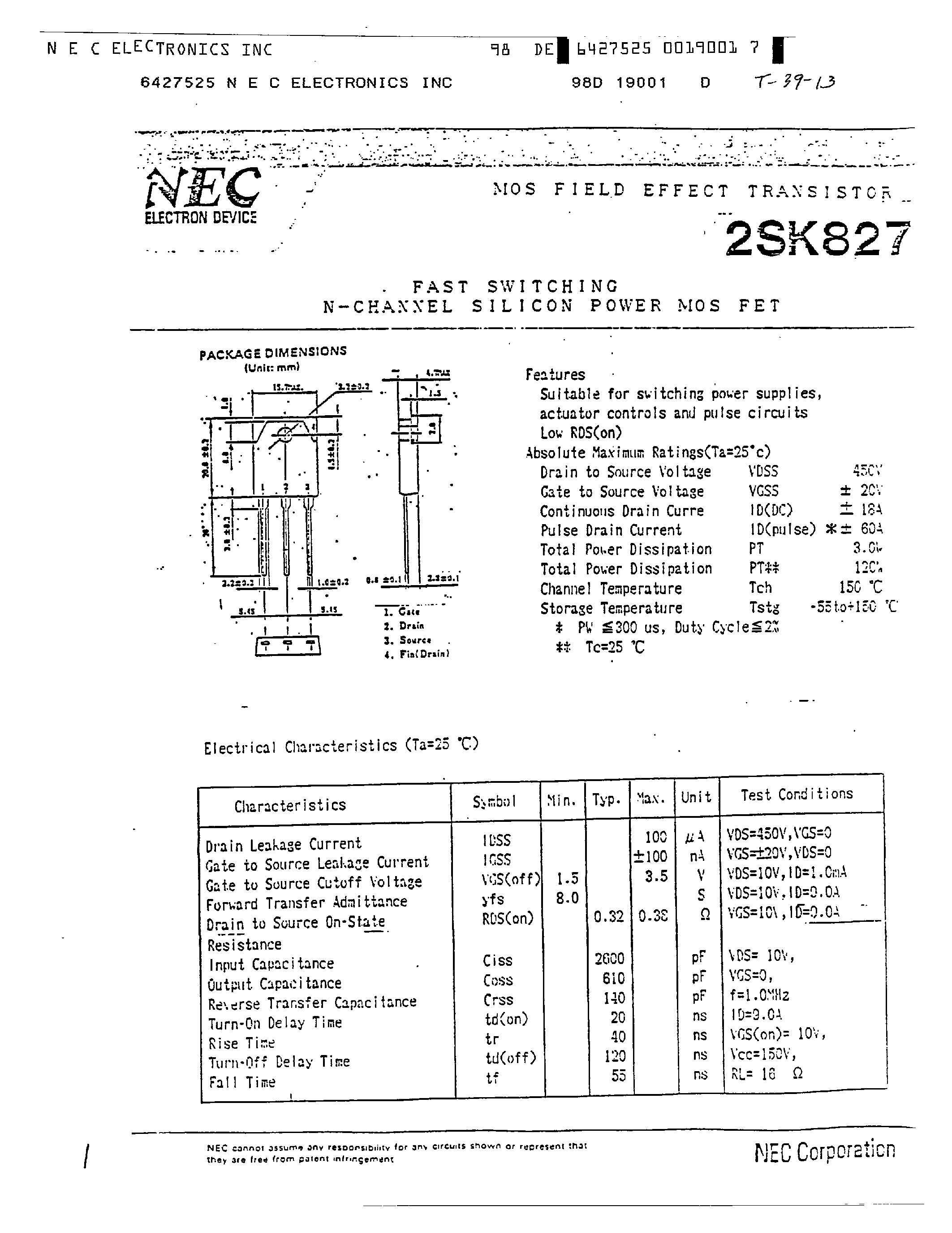 Datasheet 2SK827 - FAST SWITCHING N-CHANNEL SILICON POWER MOS FET page 1