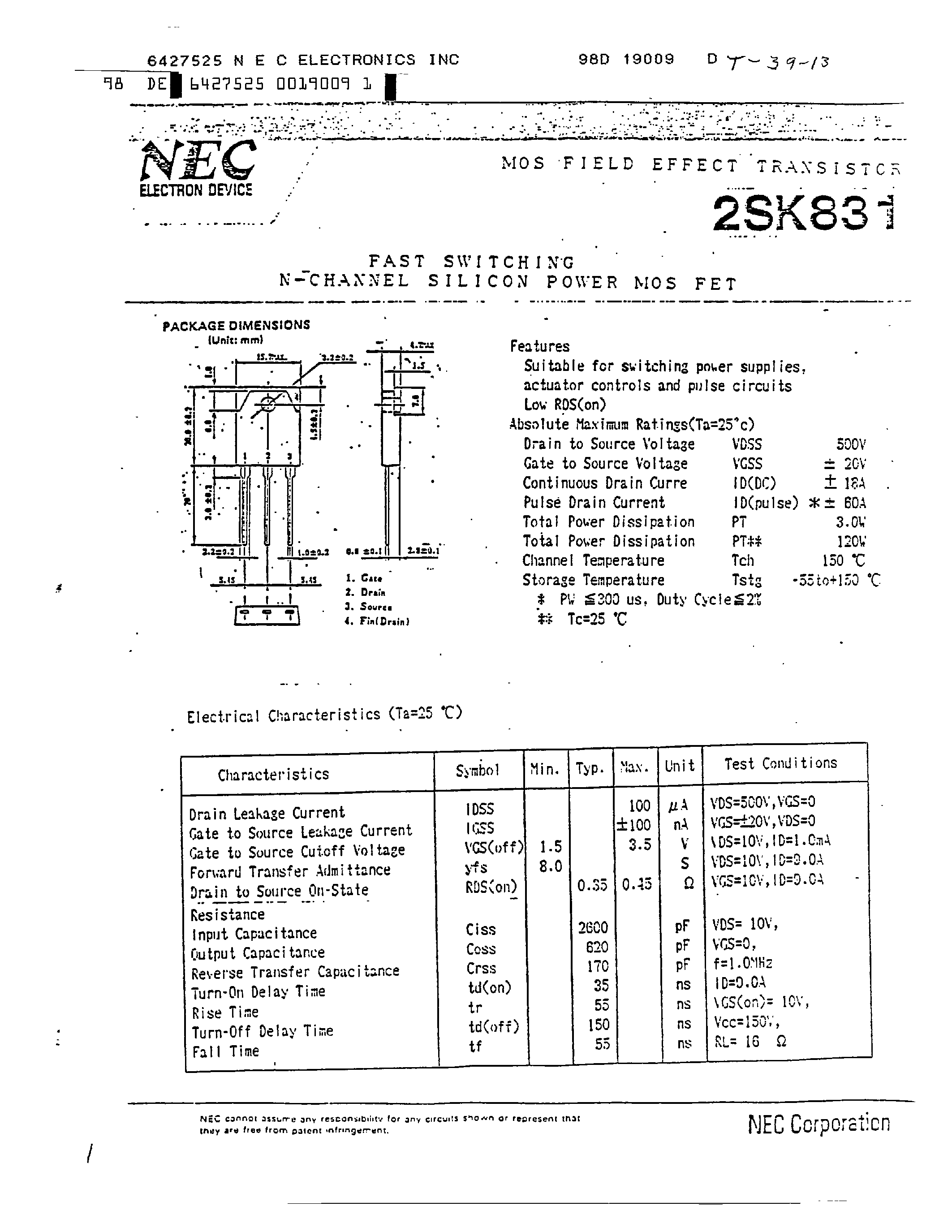Datasheet 2SK831 - MOS FIELD EFFECT TRANSISTOR page 1