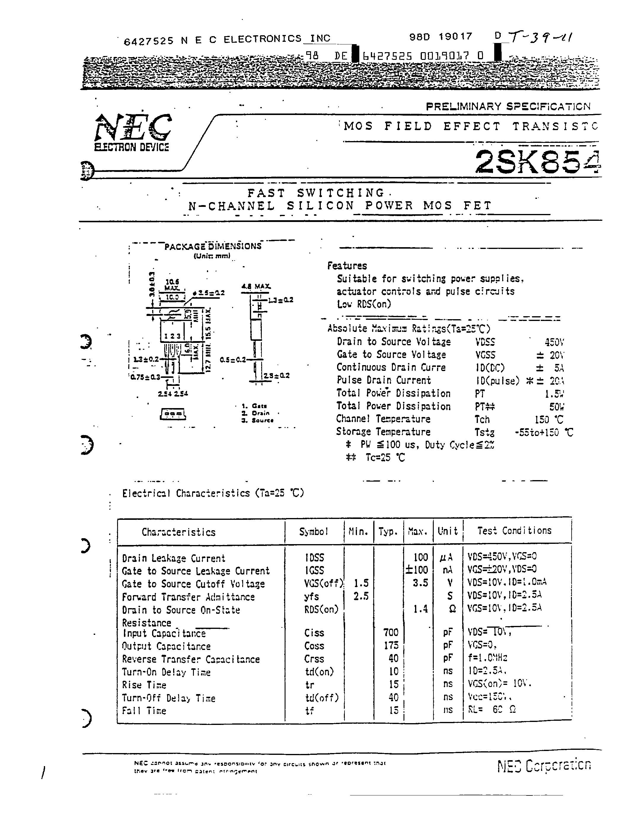Datasheet 2SK854 - FAST SWITCHING N-CHANNEL SILICON POWER MOS FET page 1