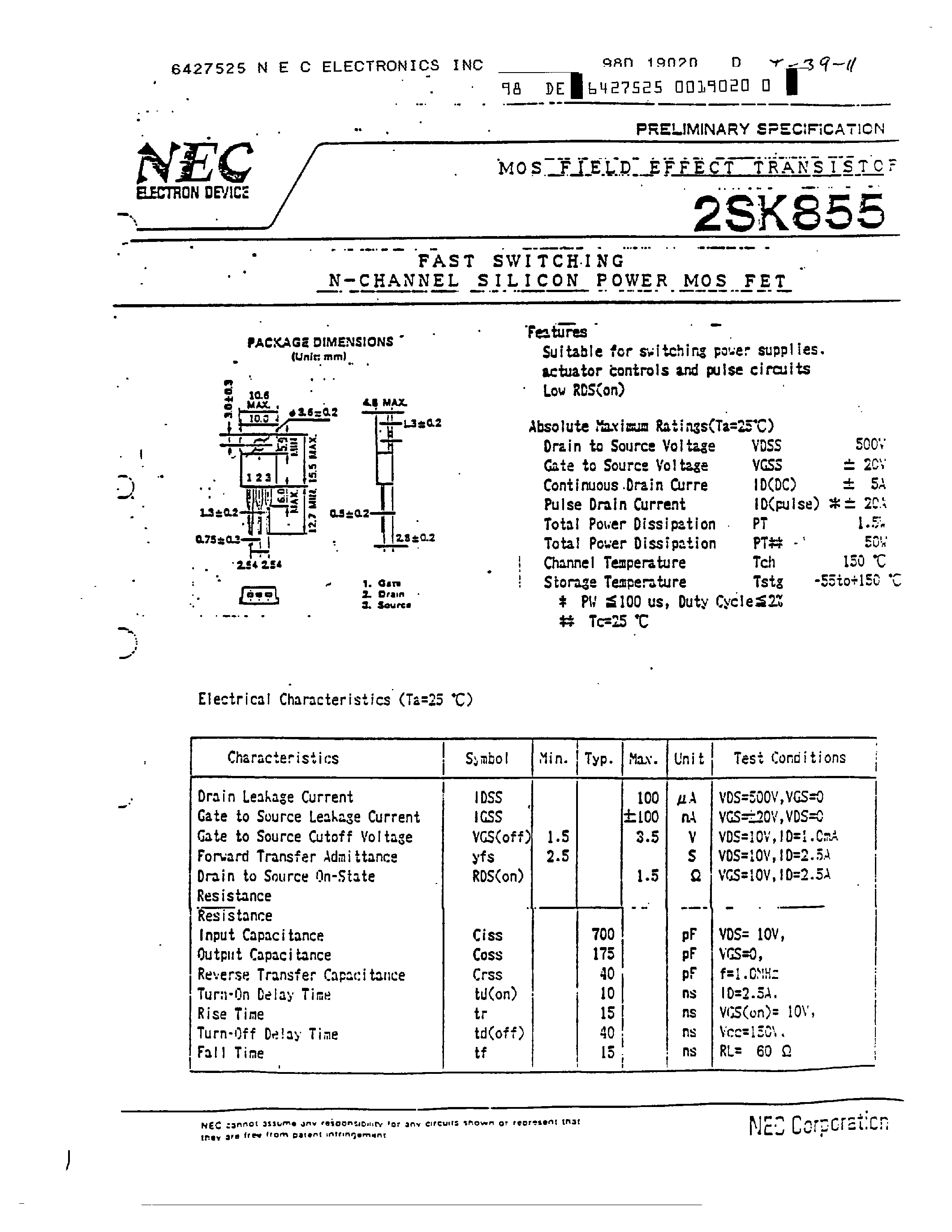 Datasheet 2SK855 page 1 Datasheet 2SK855 - FAST SWITCHING N CHANNEL SILICON POWER MOSFET page 1