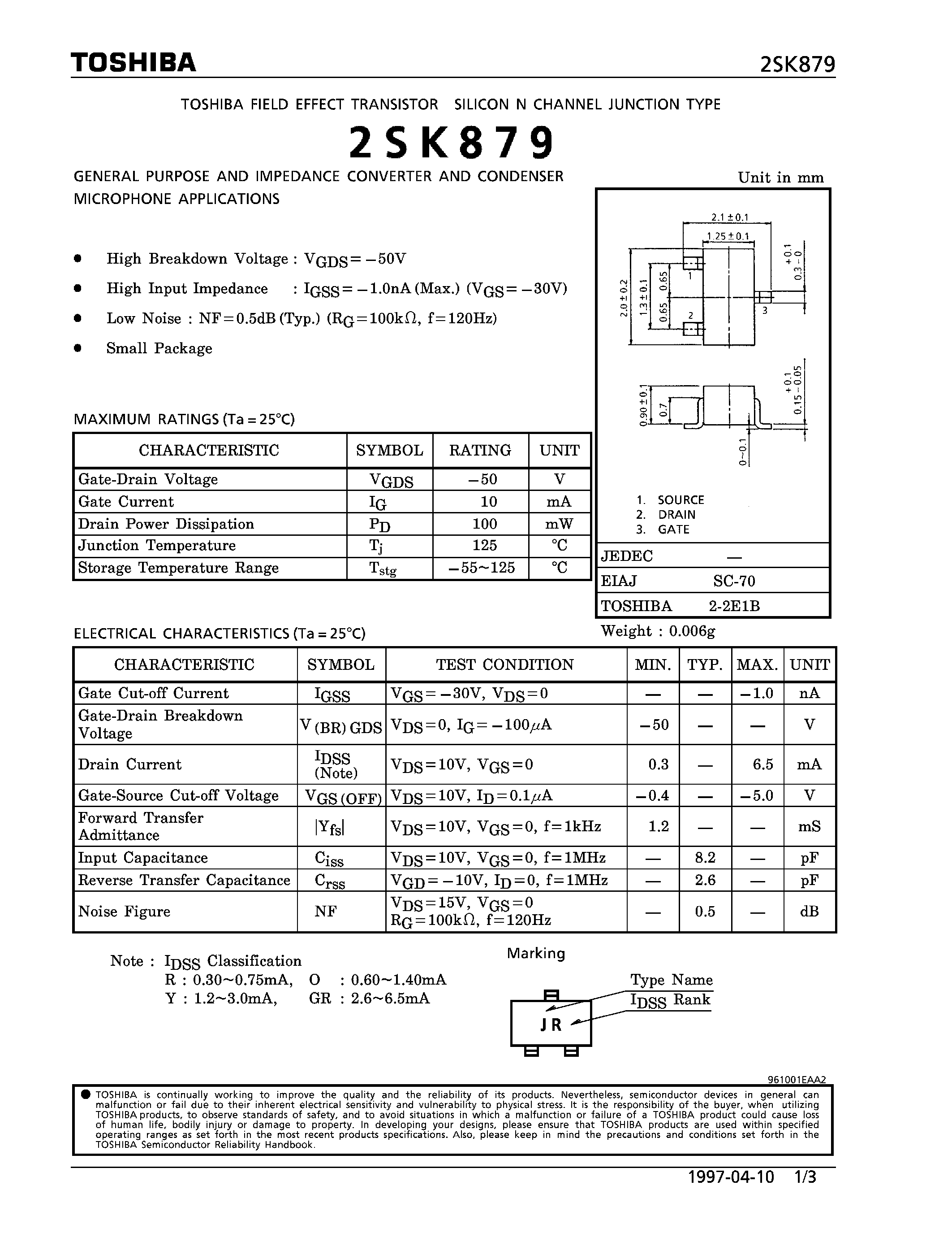 Datasheet 2SK879 - N CHANNEL JUNCTION TYPE (GENERAL PURPOSE AND IMPEDANCE CONVERTER AND CONDENSER MICROPHONE APPLICATIONS) page 1