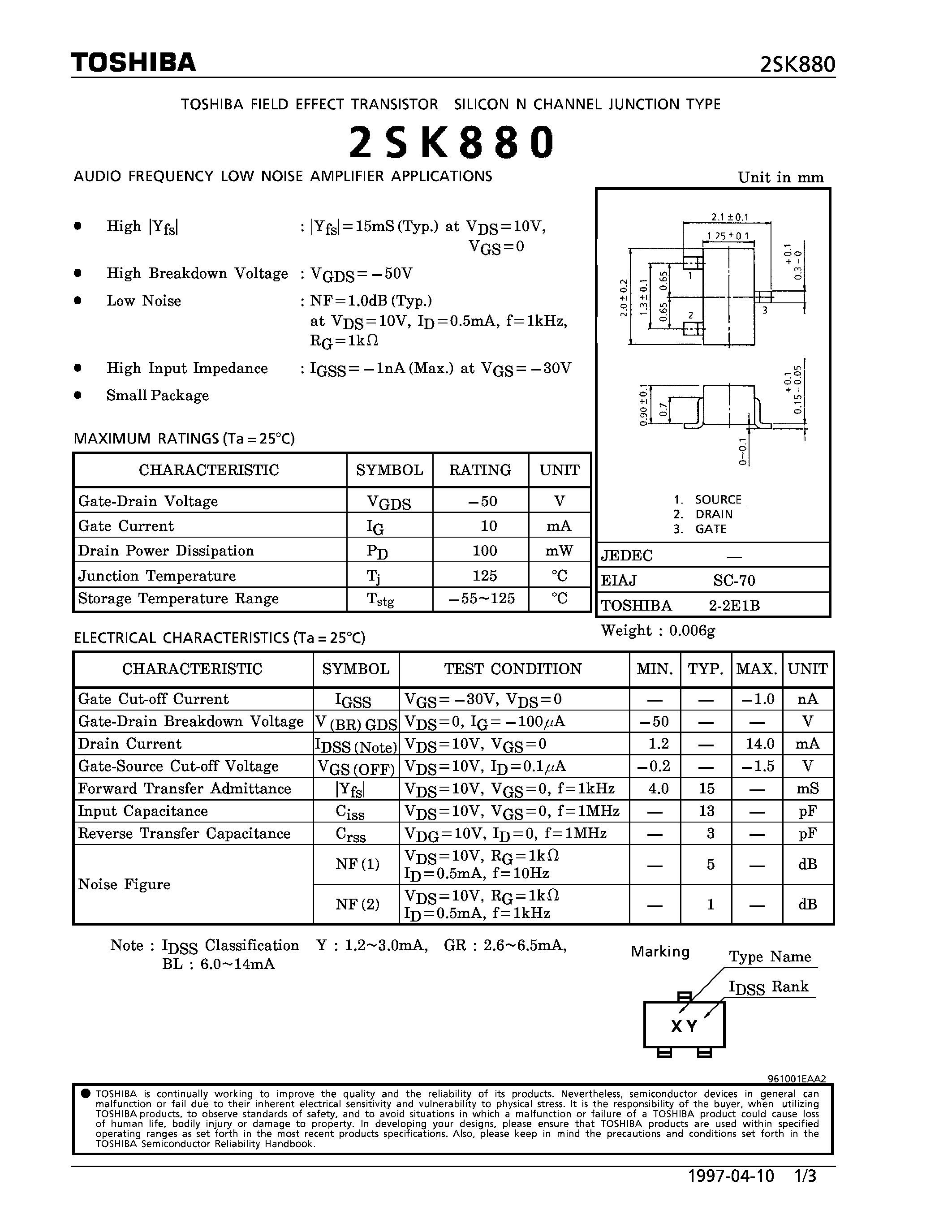 Даташит 2SK880 - M CHANNEL JUNCTION TYPE (AUDIO FREQUENCY LOW NOISE AMPLIFIER APPLICATIONS) страница 1