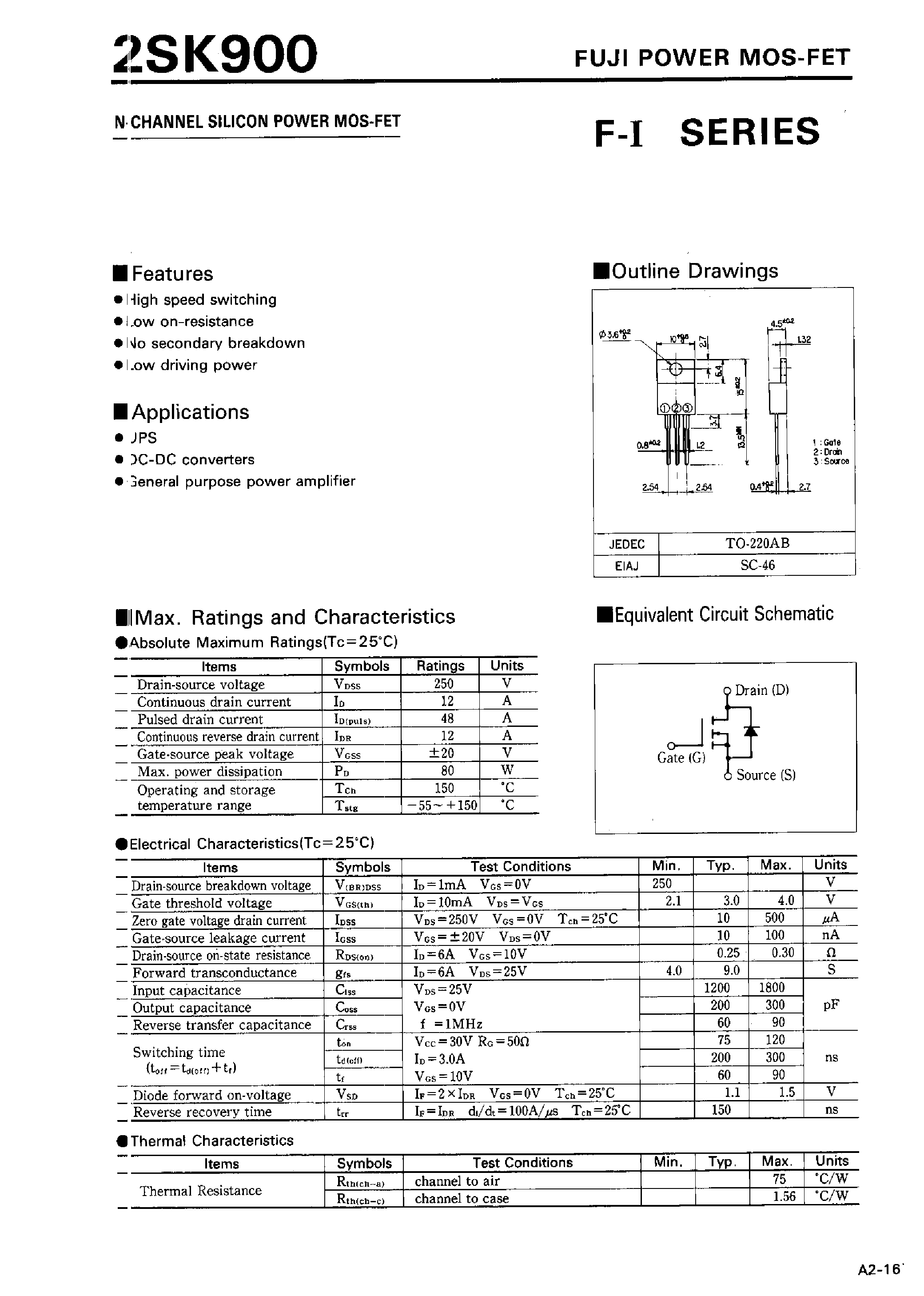Datasheet 2SK900 - N-CHANNEL SILICON POWER MOSFET page 1