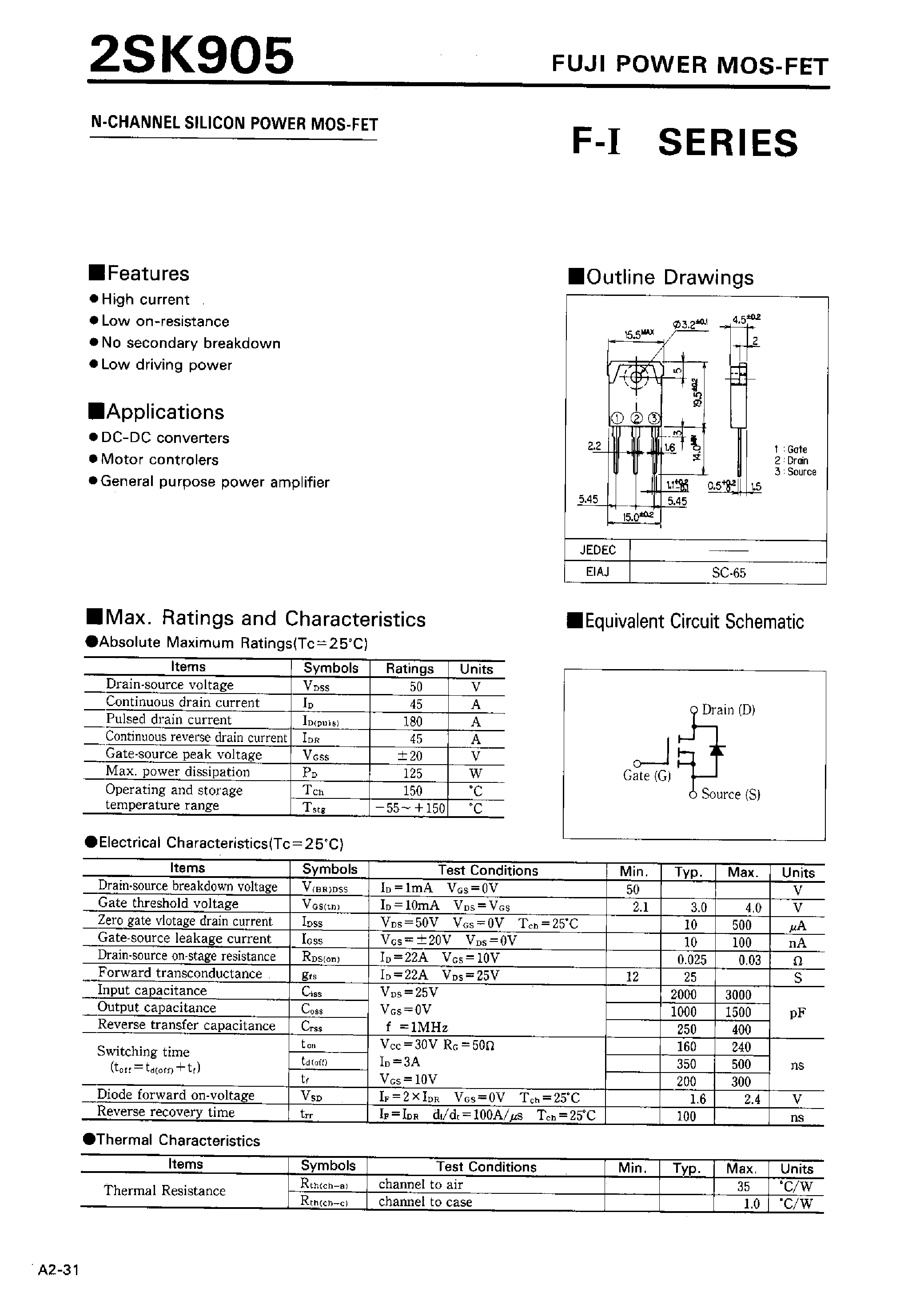 Datasheet 2SK905 - N-CHANNEL SILICON POWER MOSFET page 1
