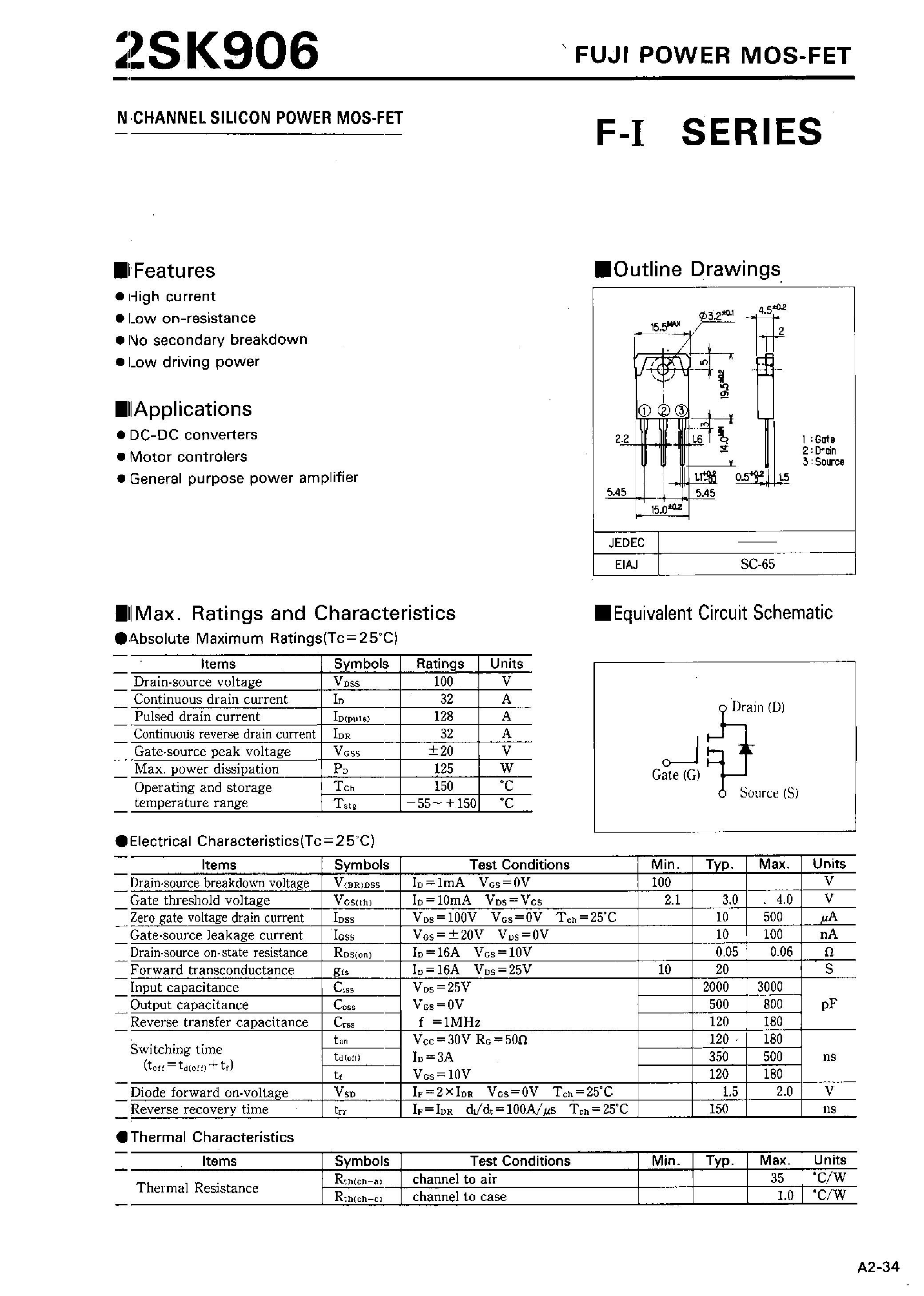 Datasheet 2SK906 - N-CHANNEL SILICON POWER MOSFET page 1