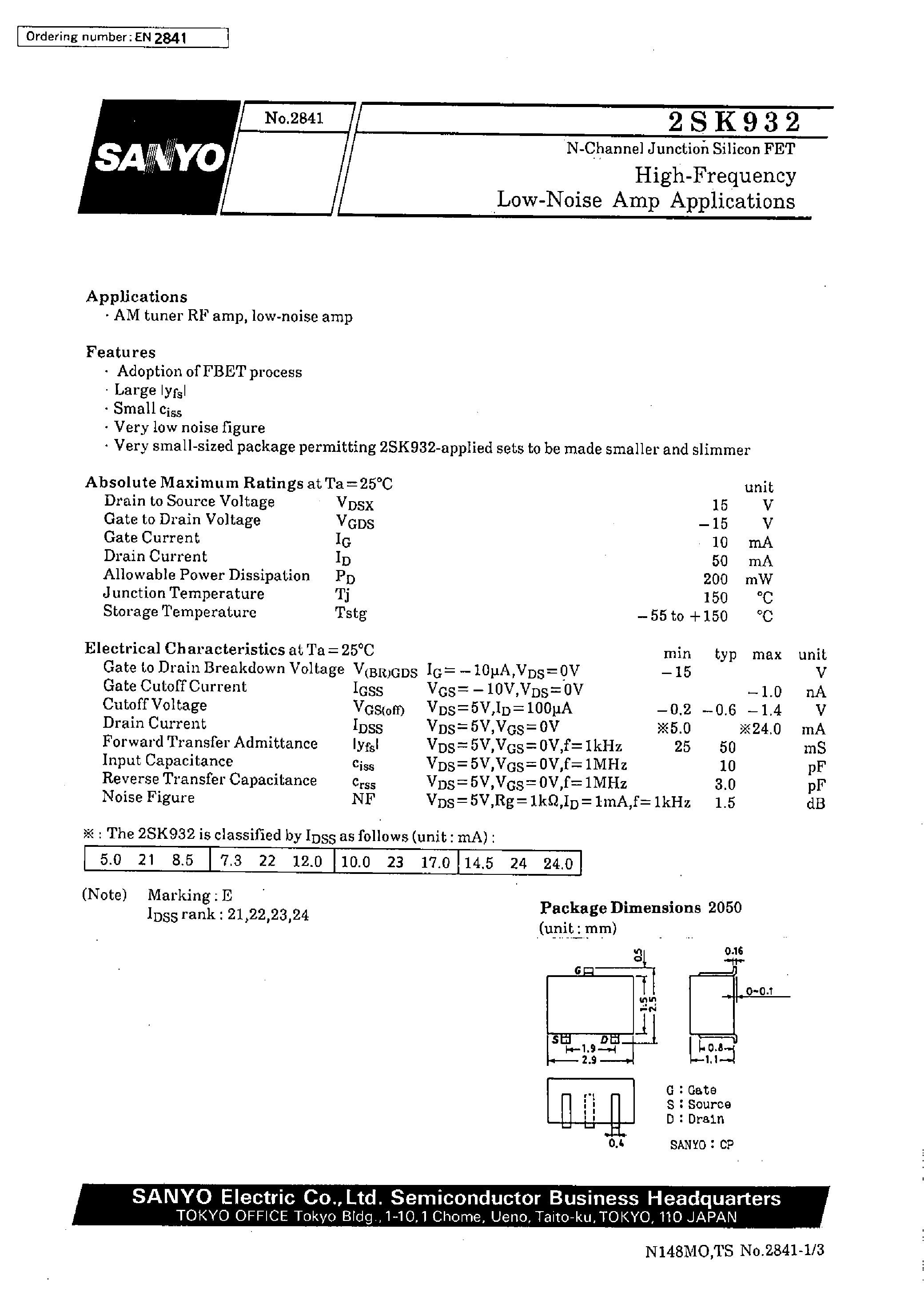 Datasheet 2SK932 - High-Frequency Low-Noise Amp Applications page 1