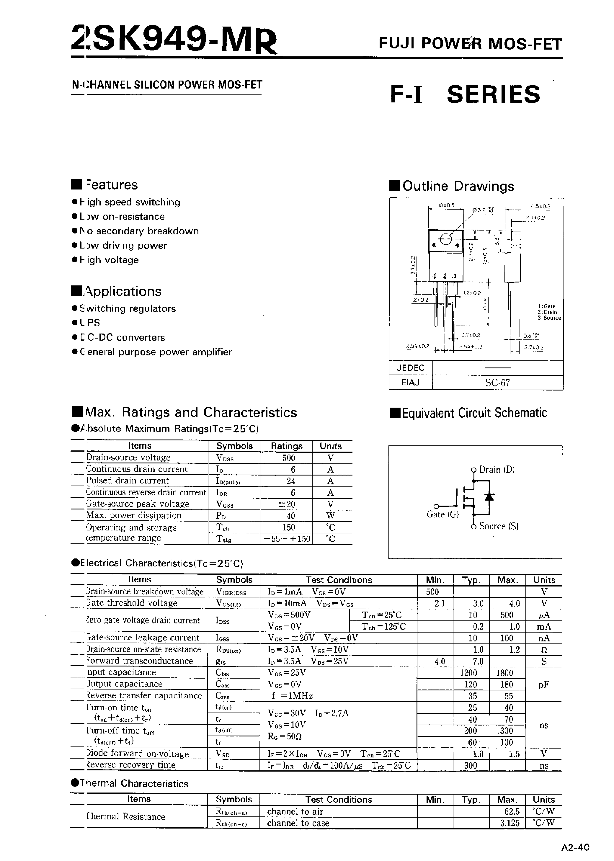 Datasheet 2SK949-MR page 1 Datasheet 2SK949-MR - N-CHANNEL SILICON POWER MOSFET page 1