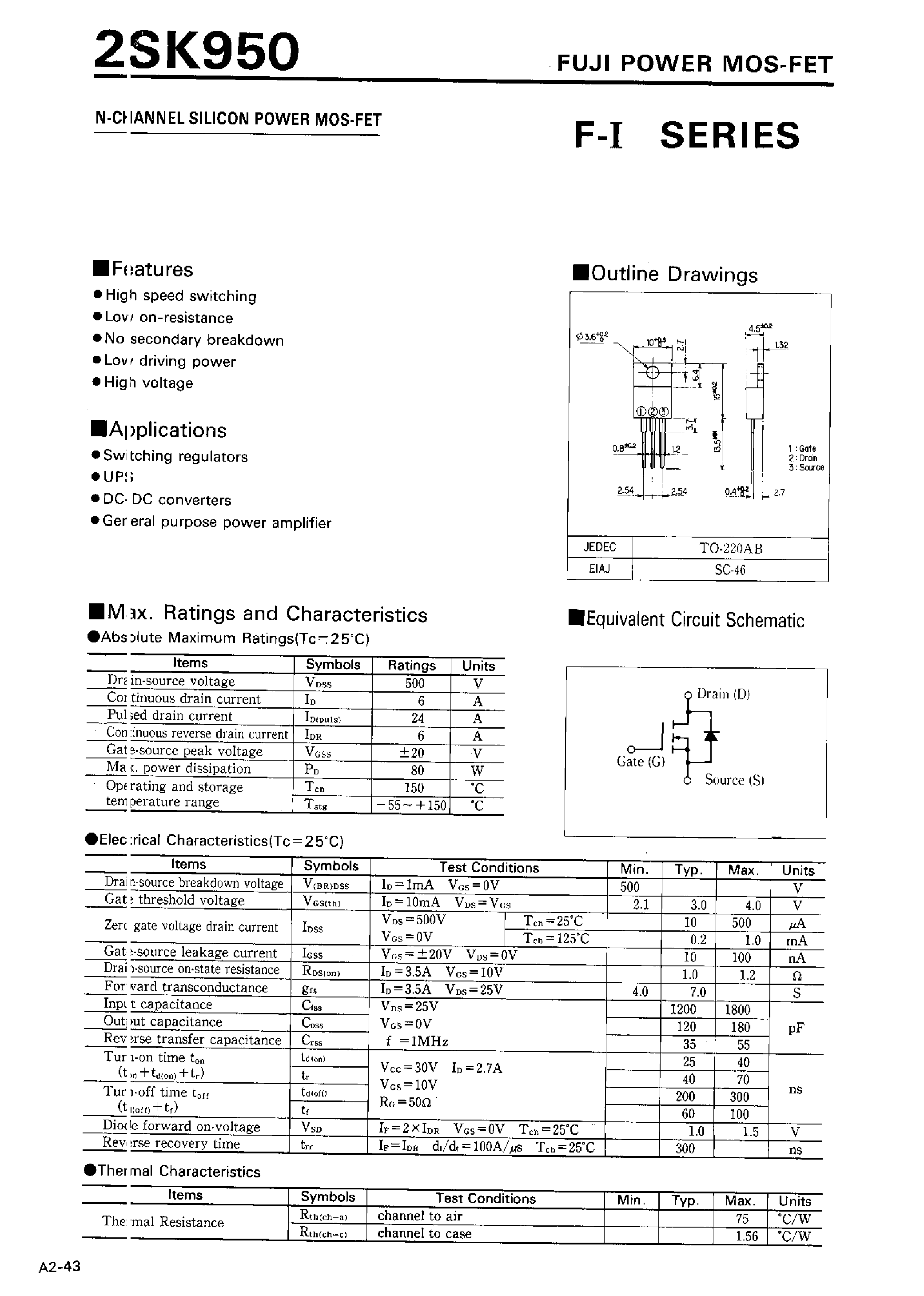 Datasheet 2SK950 page 1 Datasheet 2SK950 - N-CHANNEL SILICON POWER MOSFET page 1