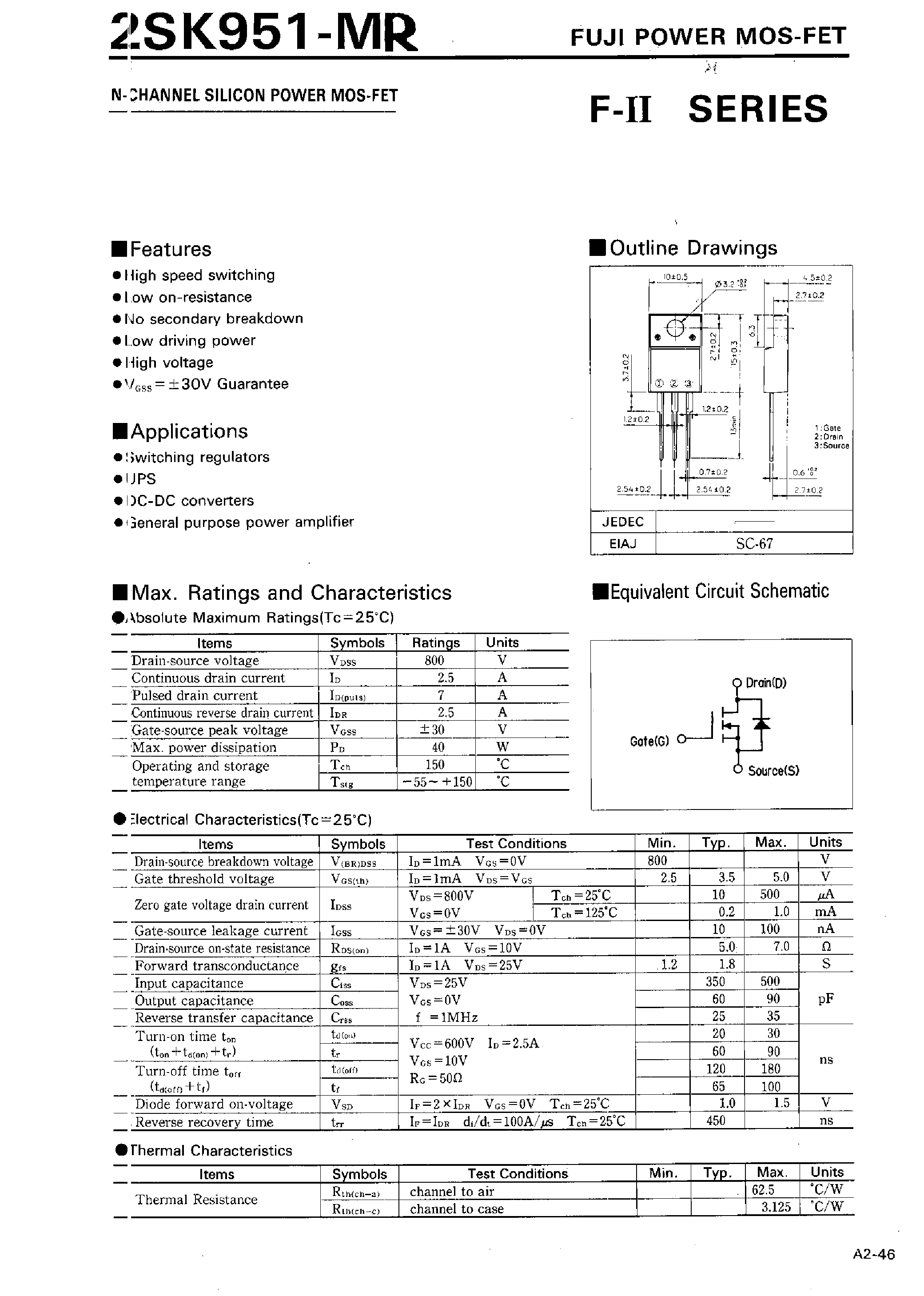 Datasheet 2SK951-MR - N-CHANNEL SILICON POWER MOSFET page 1