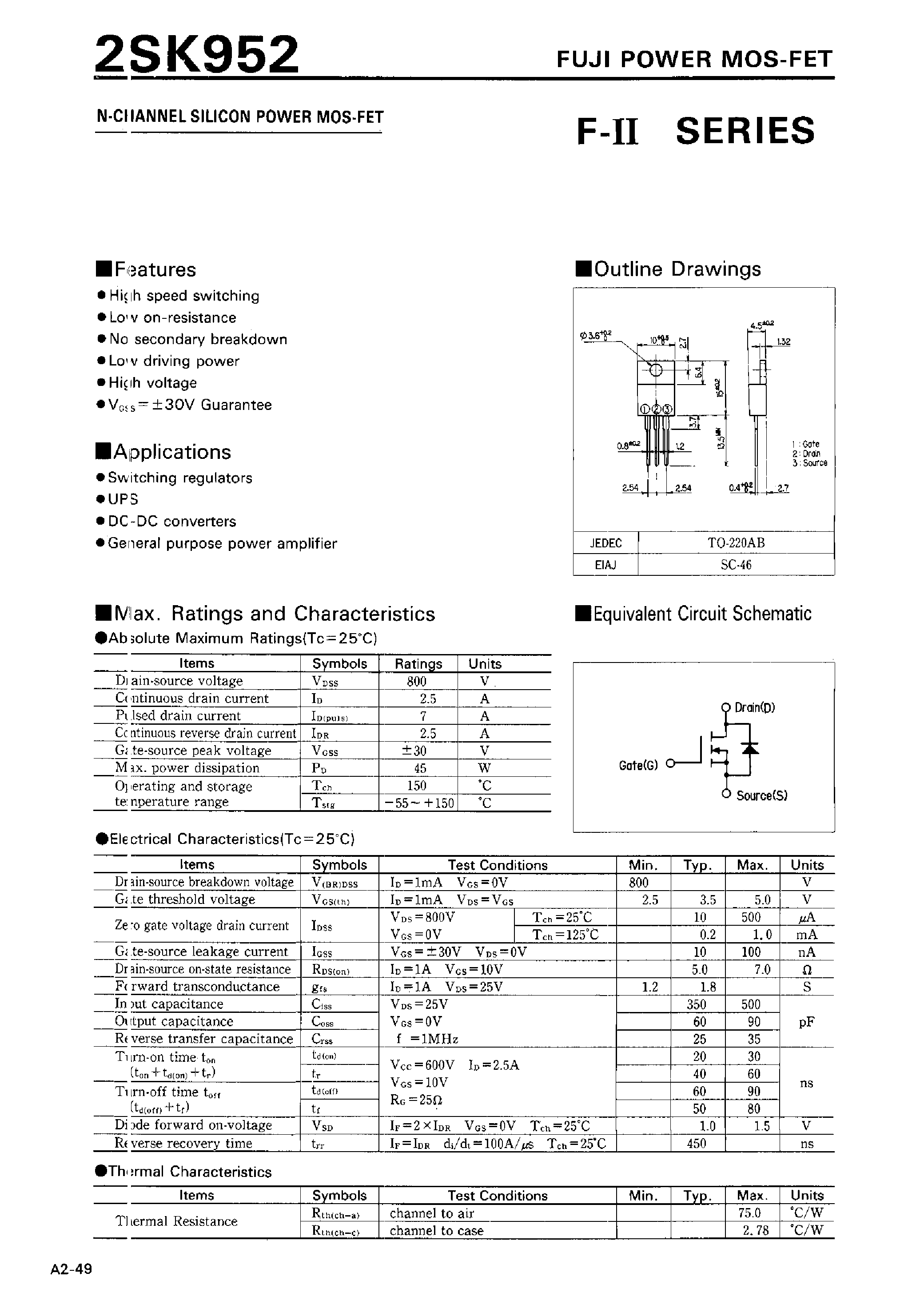 Datasheet 2SK952 page 1 Datasheet 2SK952 - N-CHANNEL SILICON POWER MOSFET page 1