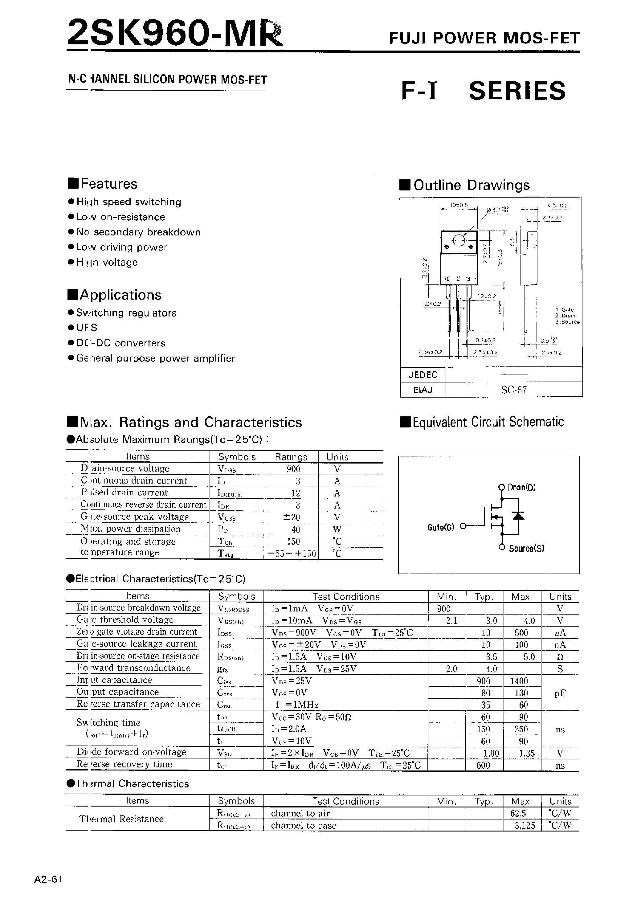 Datasheet 2SK960-MR - N-CHANNEL SILICON POWER MOSFET page 1