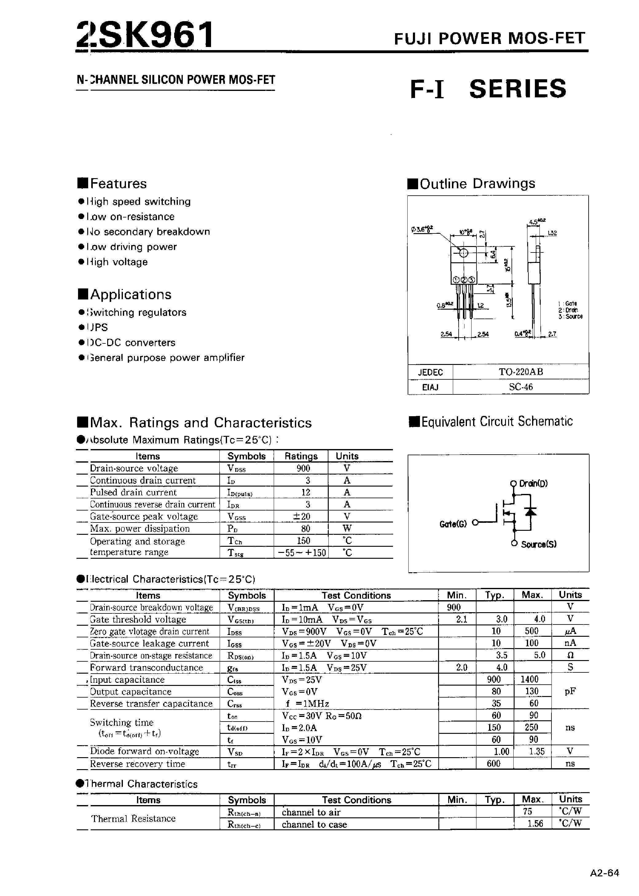 Datasheet 2SK961 - N-CHANNEL SILICON POWER MOSFET page 1