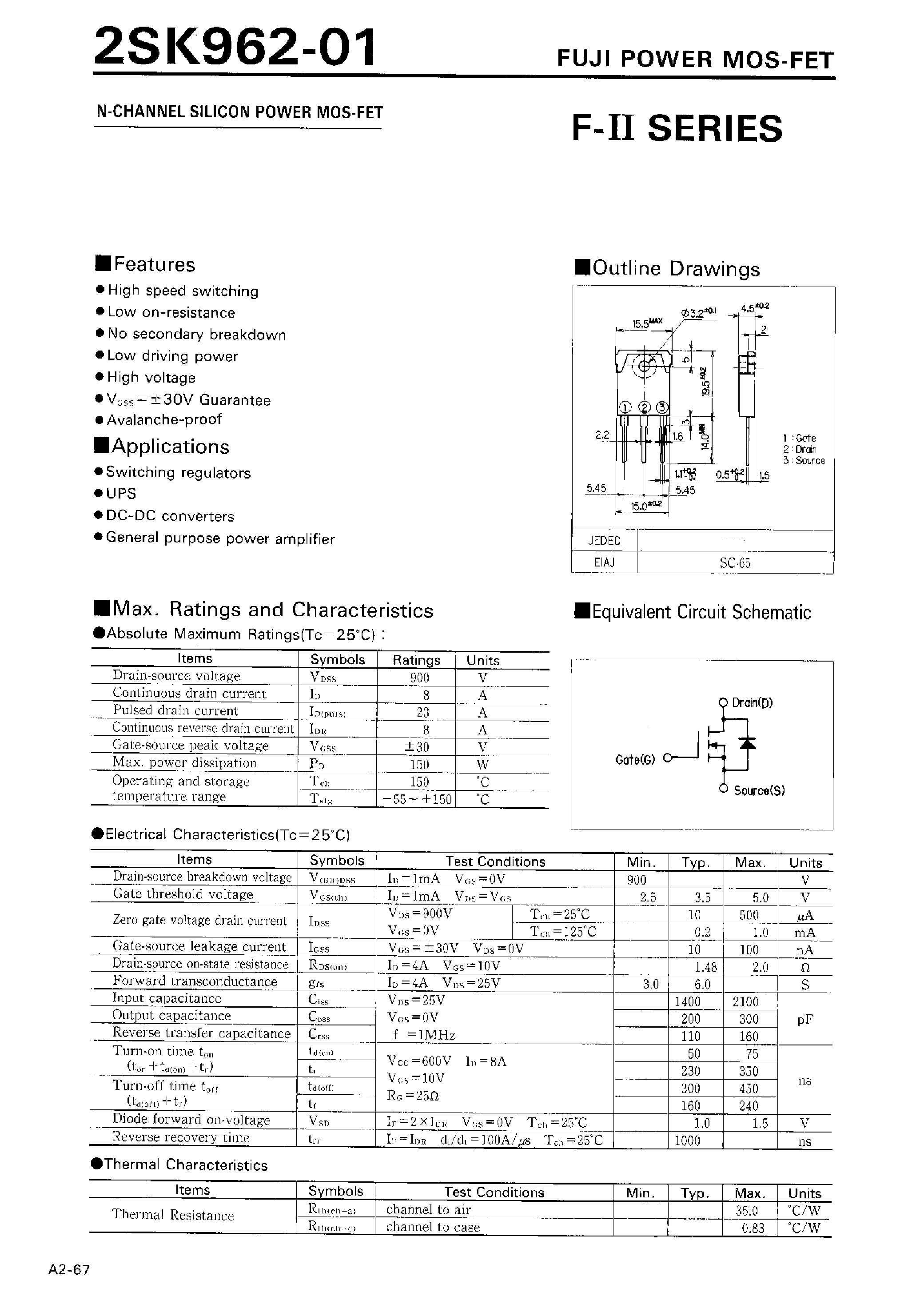Datasheet 2SK962-01 page 1 Datasheet 2SK962-01 - N-Channel Silicon Power MOS-FET page 1