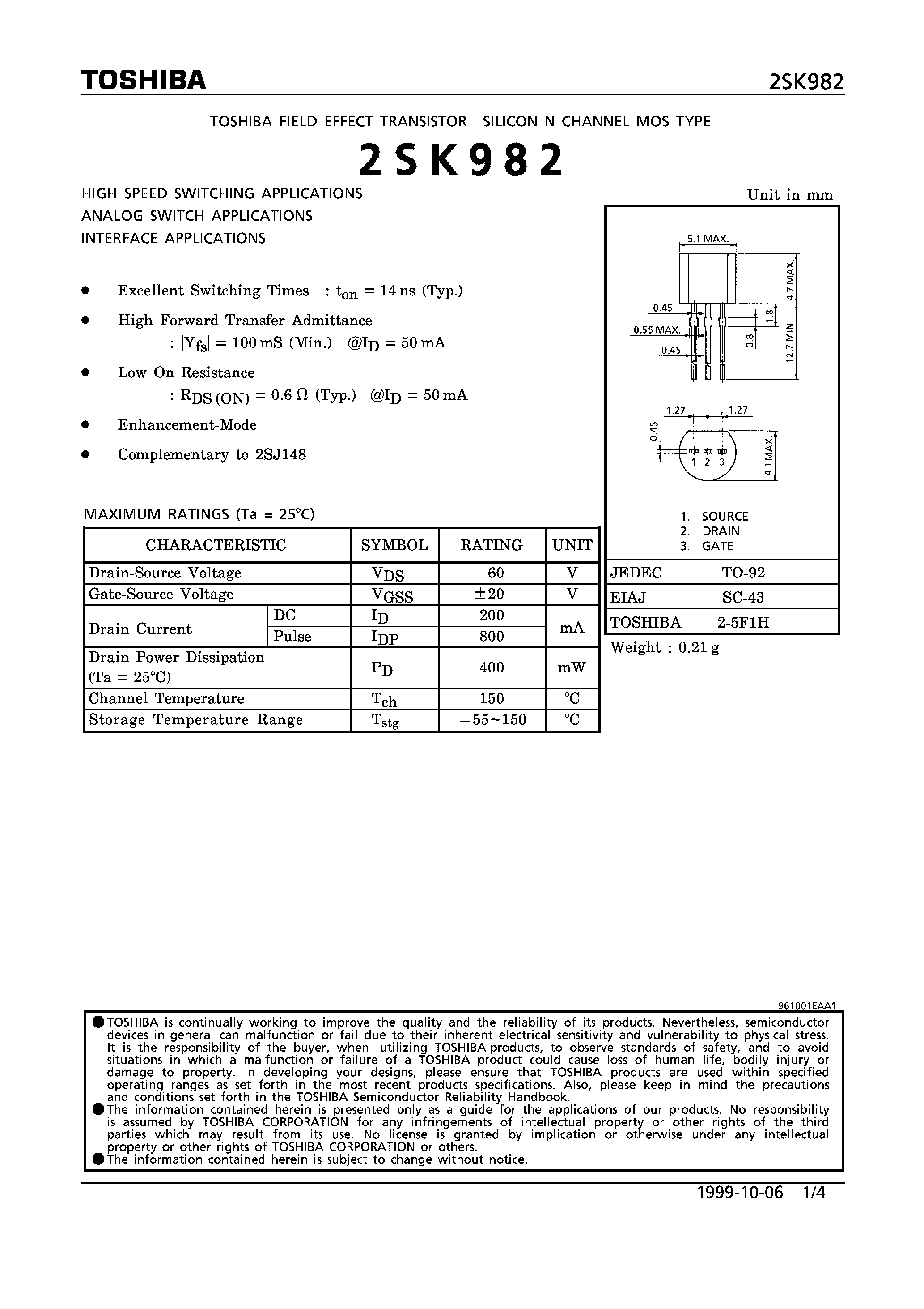Datasheet 2SK982 - N CHANNEL MOS TYPE (HIGH SPEED SWITCHING/ ANALOG SWITCH/ INTERFACE APPLICATIONS) page 1