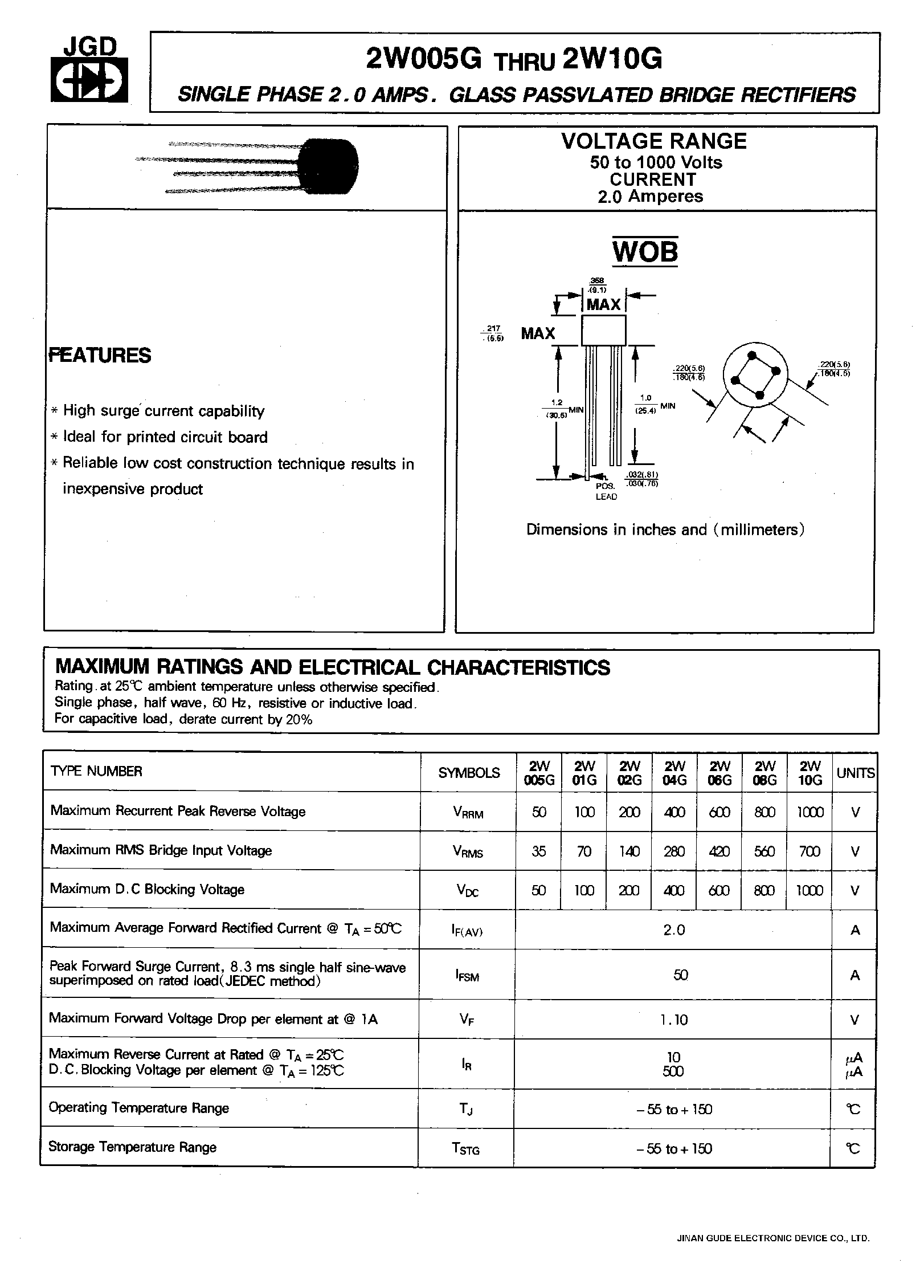 Datasheet 2W005G - SINGLE PHASE 2.0 AMP. GLASS PASSIVATED BRIDGE RECTIFIERS page 1