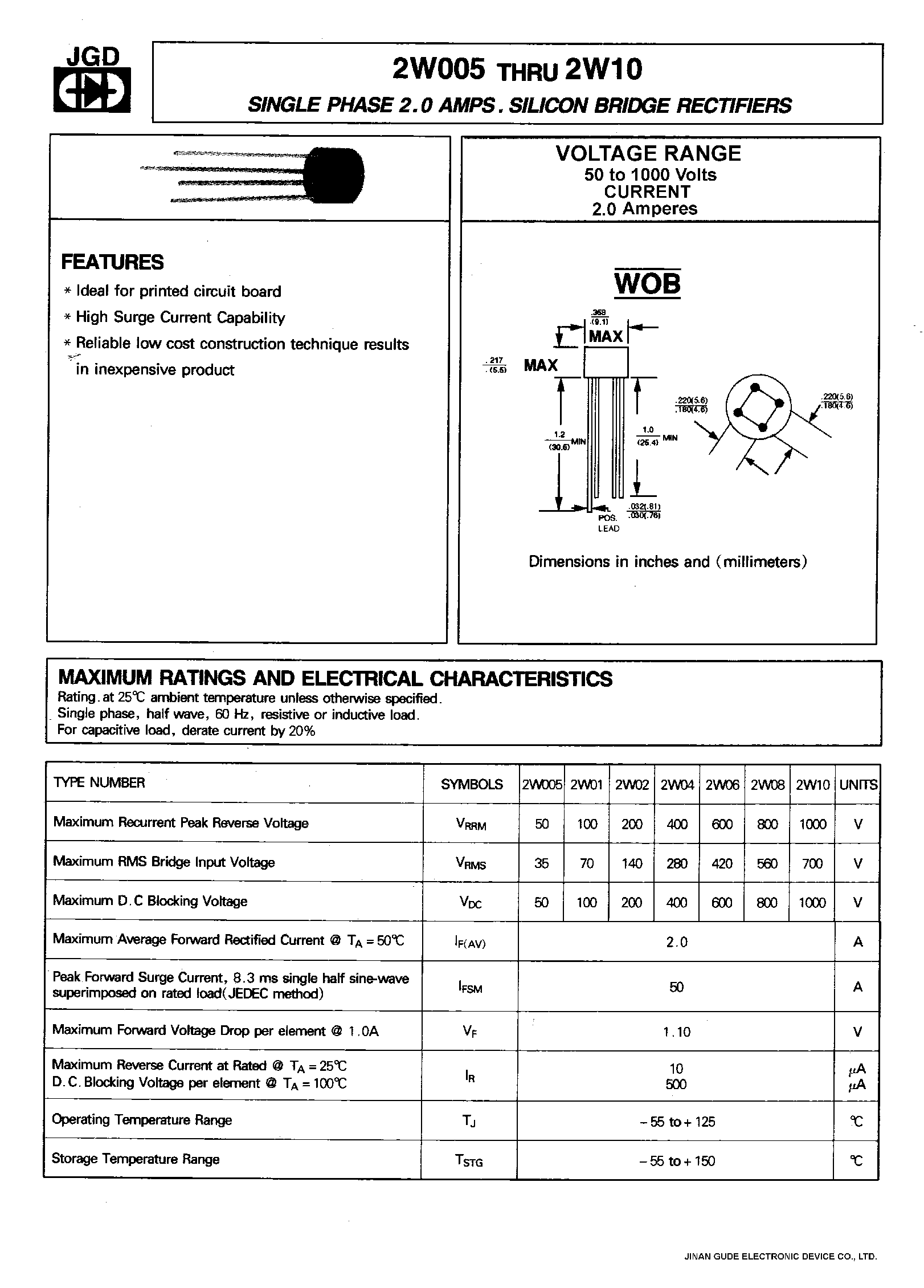Datasheet 2W01 - SINGLE PHASE 2.0 AMP SILICON BRIDGE RECTIFIERS page 1