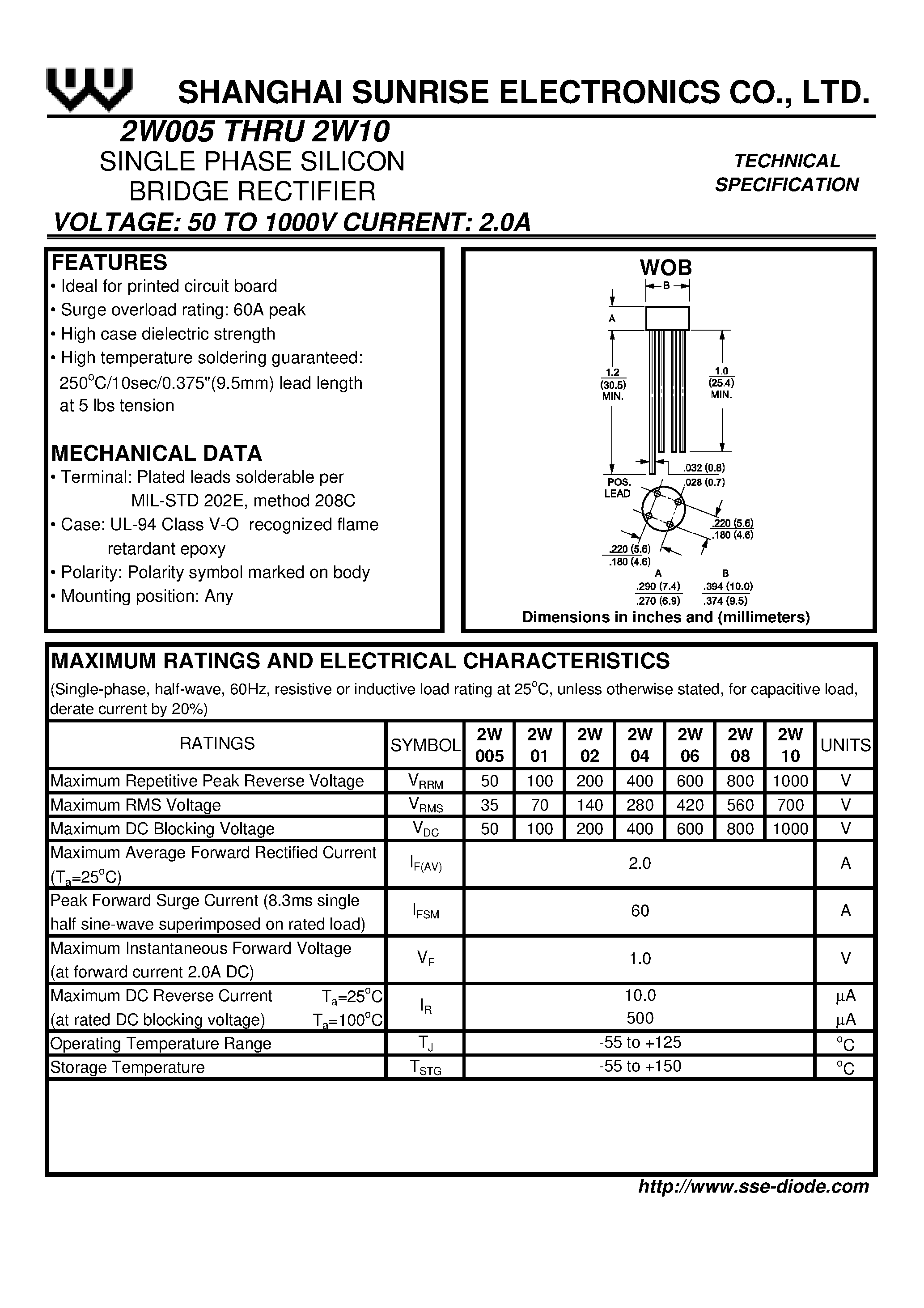 Datasheet 2W01 page 1 Datasheet 2W01 - SINGLE PHASE SILICON BRIDGE RECTIFIER page 1