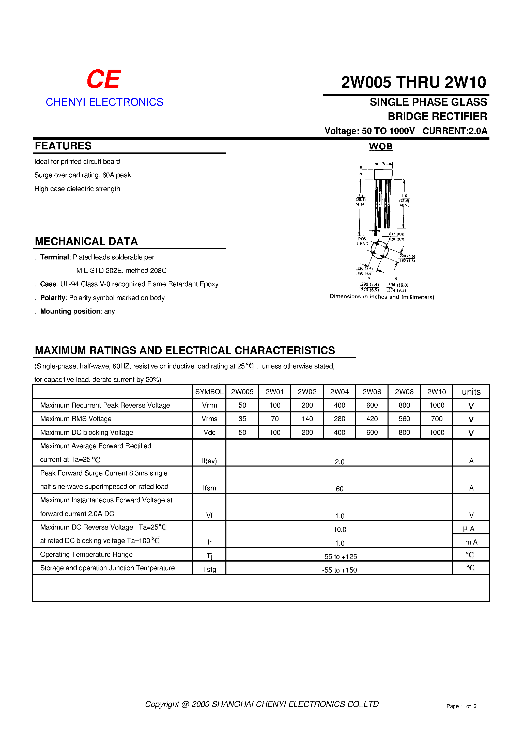 Datasheet 2W01 page 1 Datasheet 2W01 - SINGLE PHASE GLASS BRIDGE RECTIFIER page 1