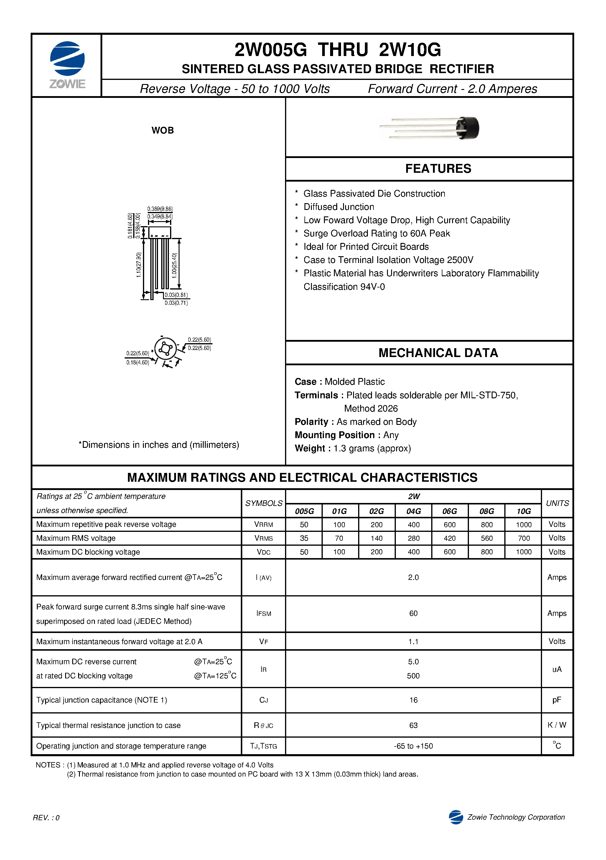 Datasheet 2W01G page 1 Datasheet 2W01G - SINTERED GLASS PASSIVATED BRIDGE RECTIFIER page 1