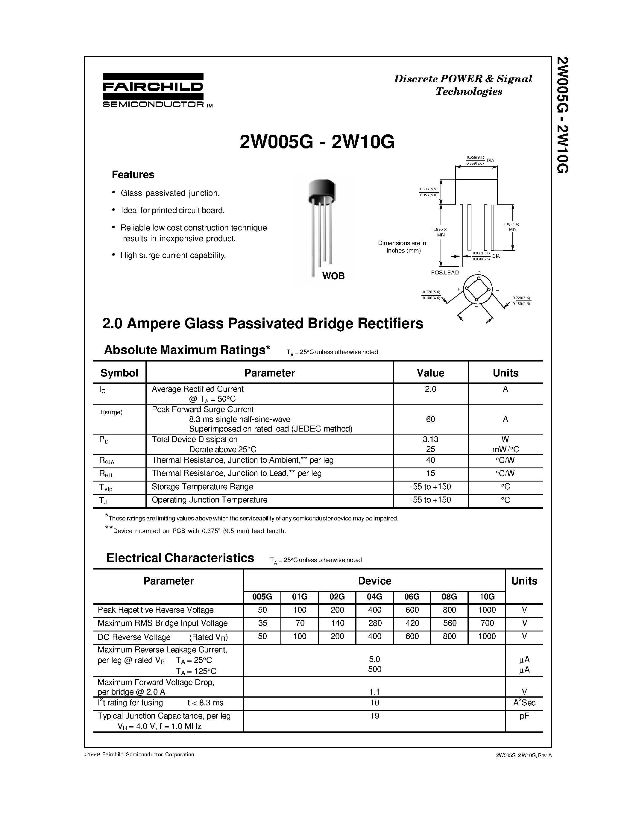 Datasheet 2W04G - 2.0 Ampere Glass Passivated Bridge Rectifiers page 1