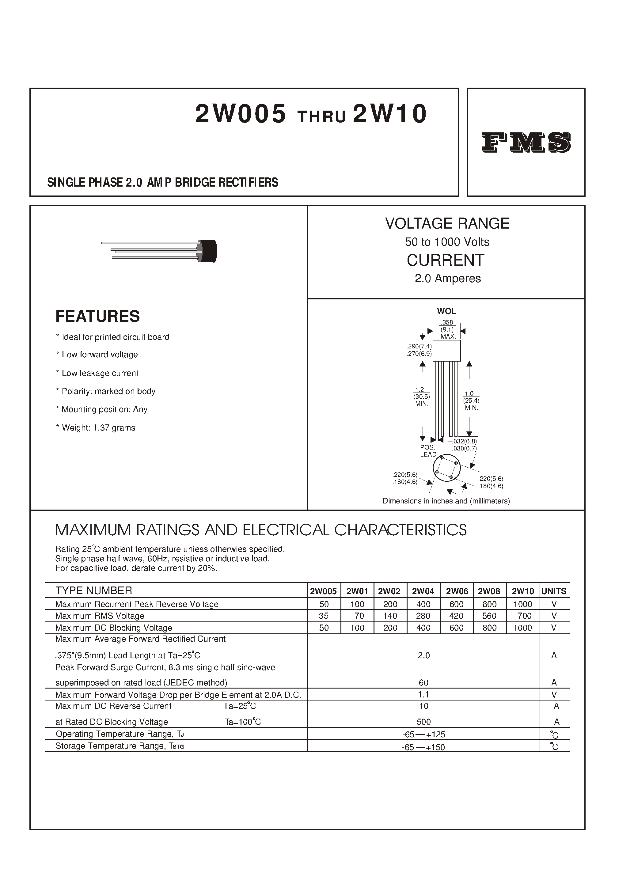 Datasheet 2W06 - SINGLE PHASE 2.0 AMP BRIDGE RECTIFIERS page 1