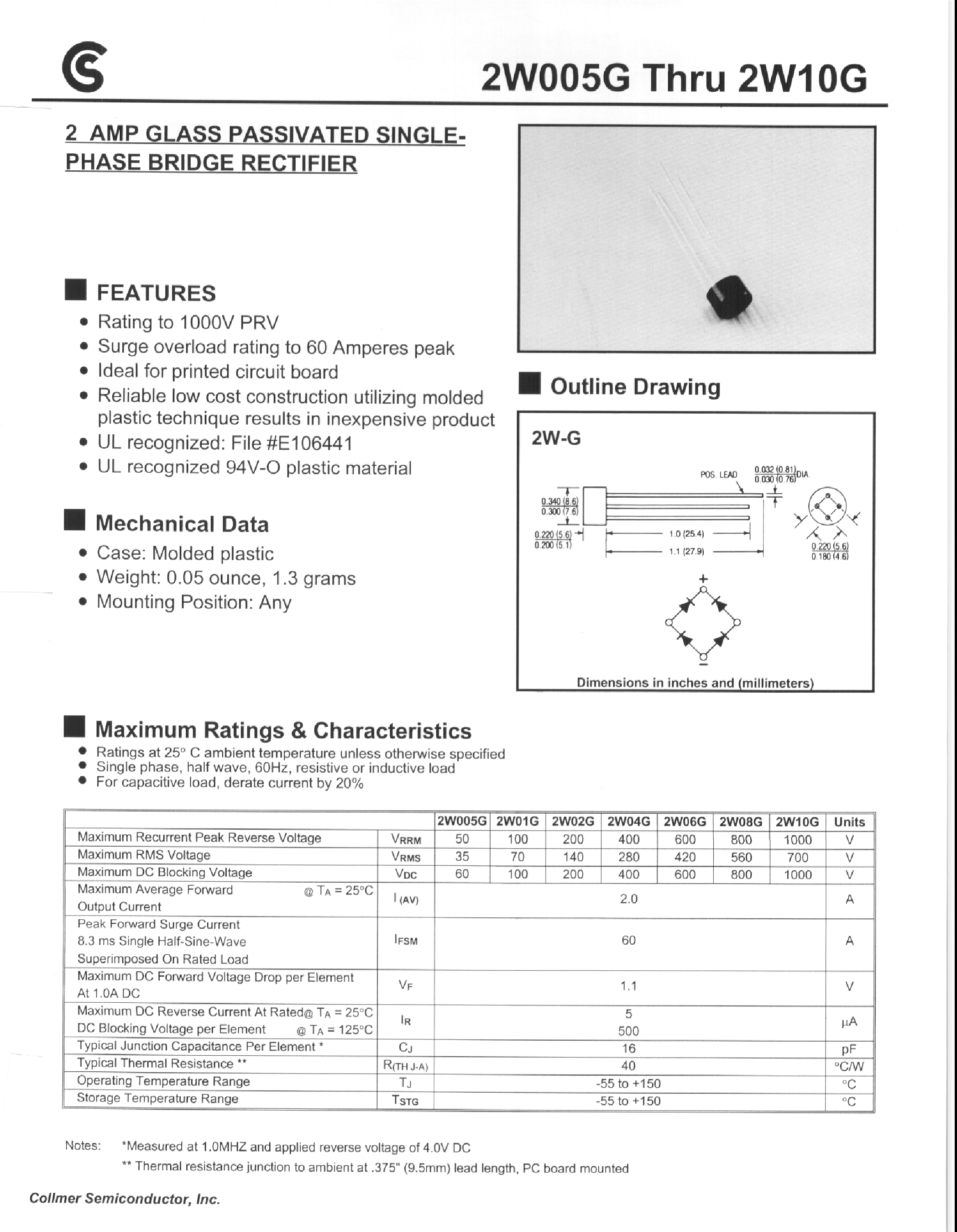 Datasheet 2W06G - 2 AMP GLASS PASSIVATED SINGLE-PHASE BRIDGE RECTIFIER page 1