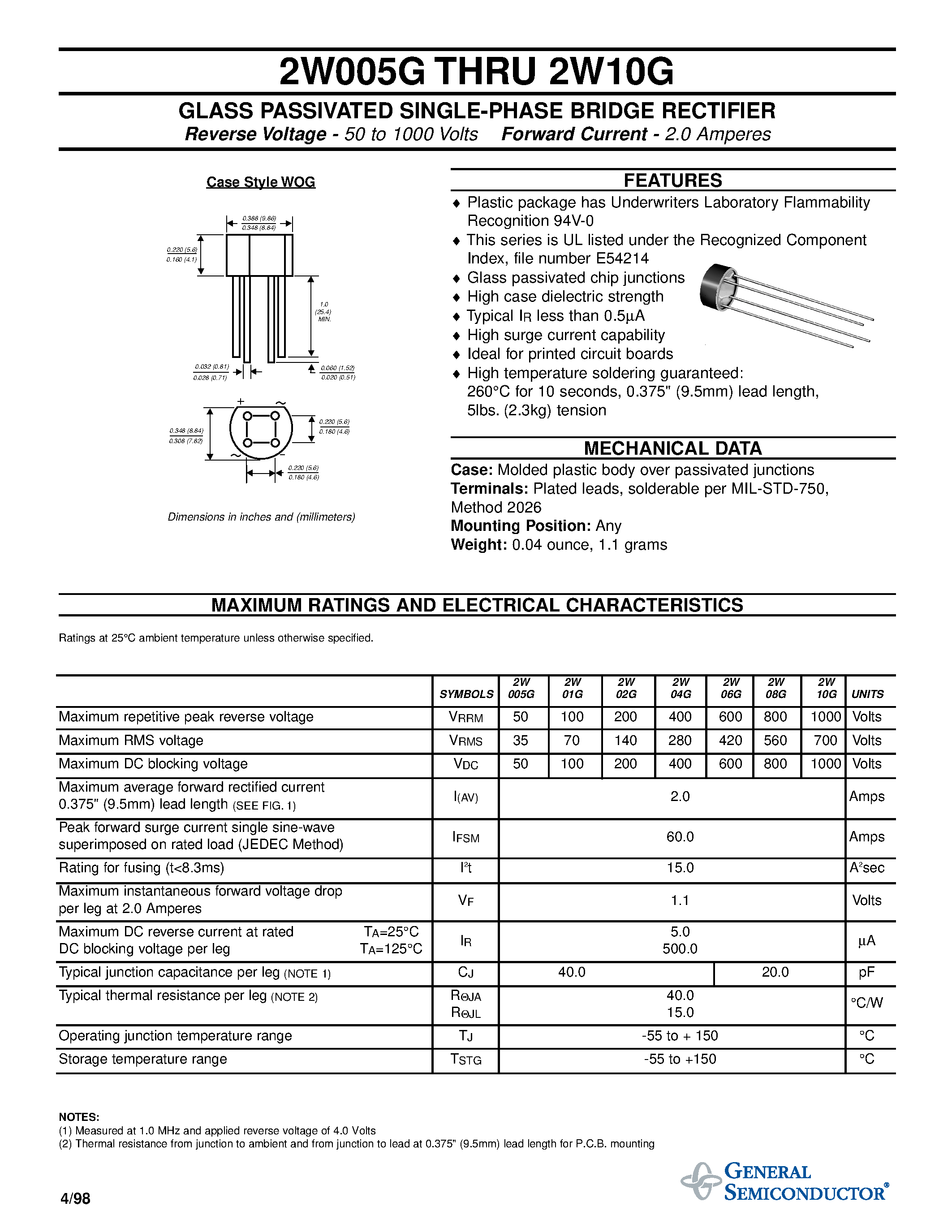 Datasheet 2W06G page 1 Datasheet 2W06G - GLASS PASSIVATED SINGLE-PHASE BRIDGE RECTIFIER page 1