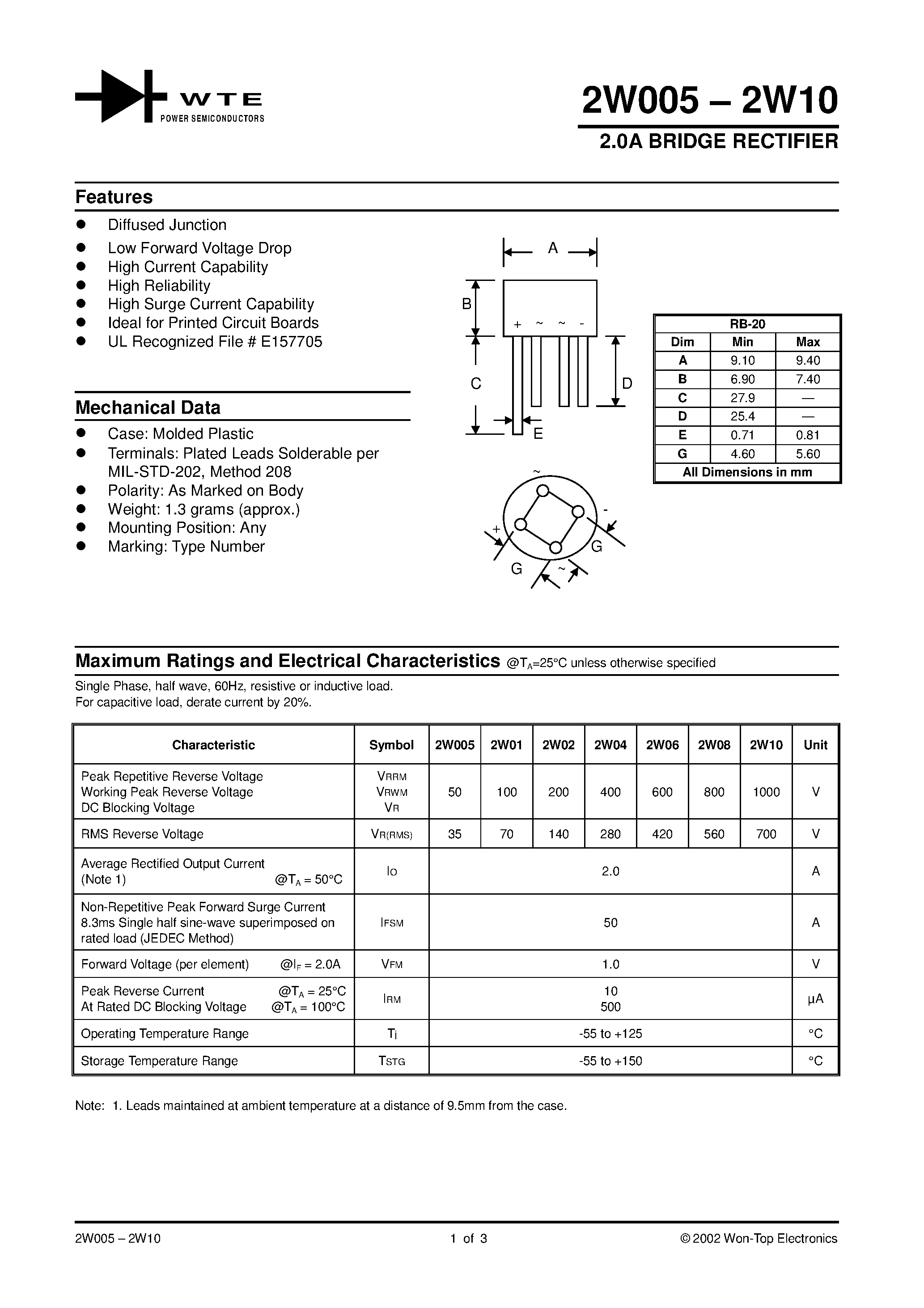 Datasheet 2W08 - 2.0A BRIDGE RECTIFIER page 1