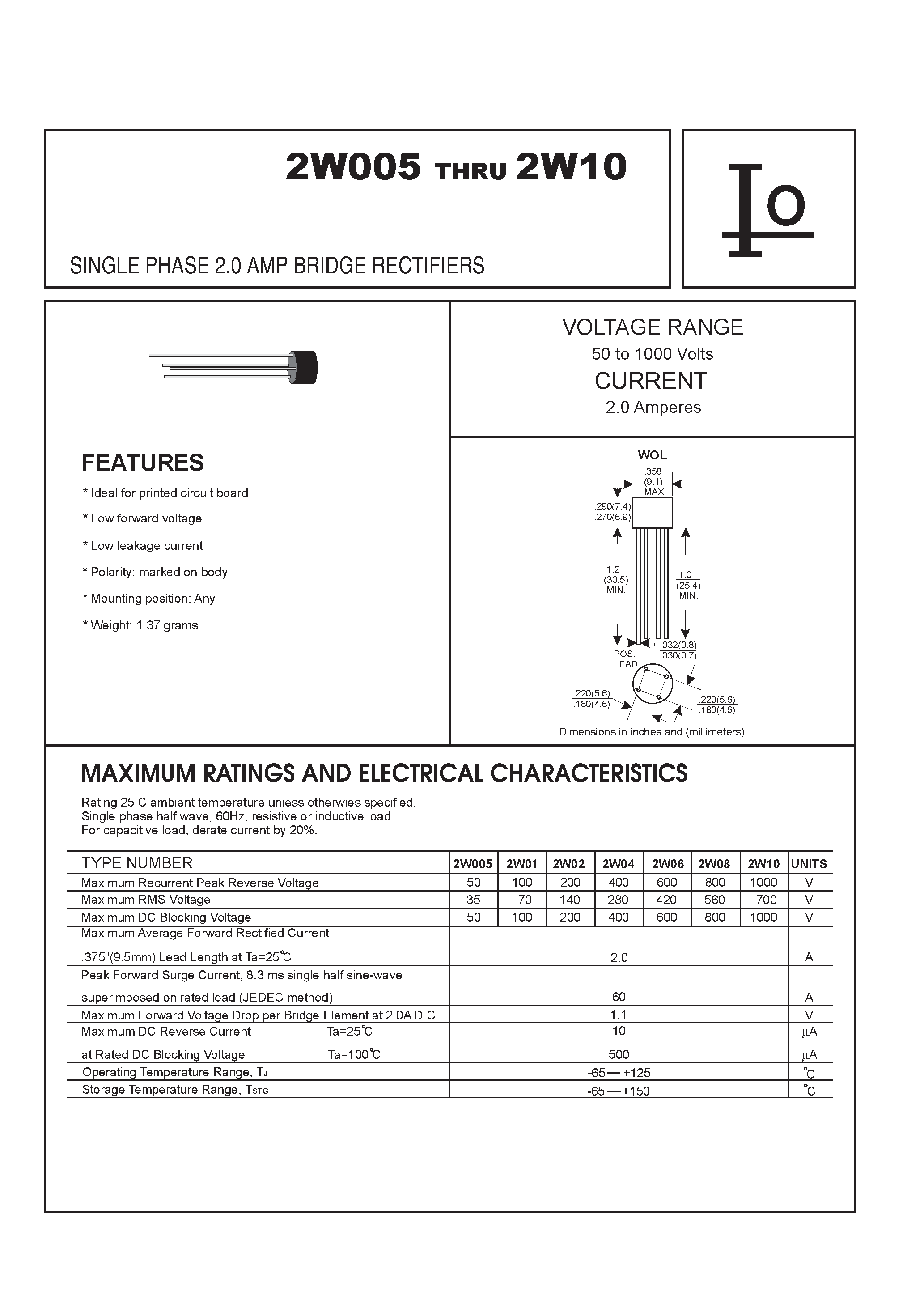 Datasheet 2W08 - SINGLE PHASE 2.0 AMP BRIDGE RECTIFIERS page 1