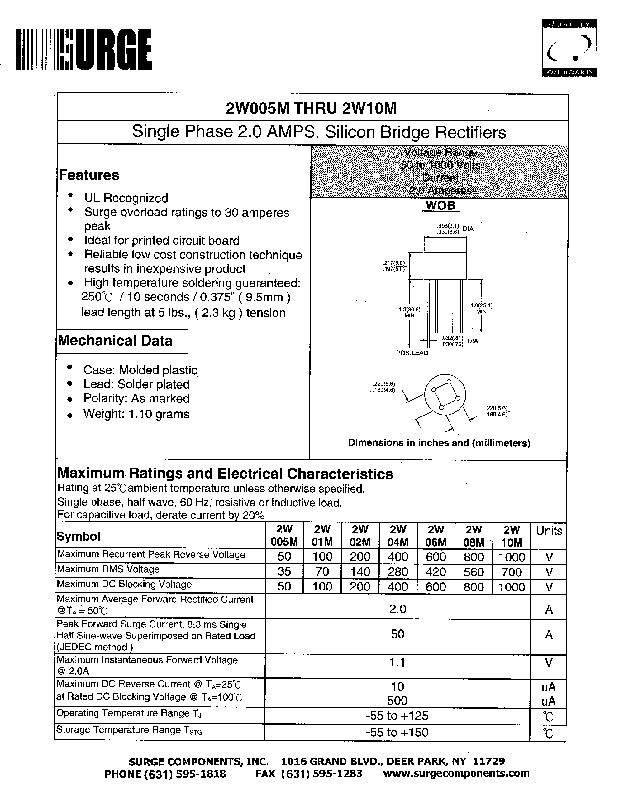 Datasheet 2W08M - SINGLE PHASE 2.0 AMPS. SILICON BRIDGE RECTIFIERS page 1