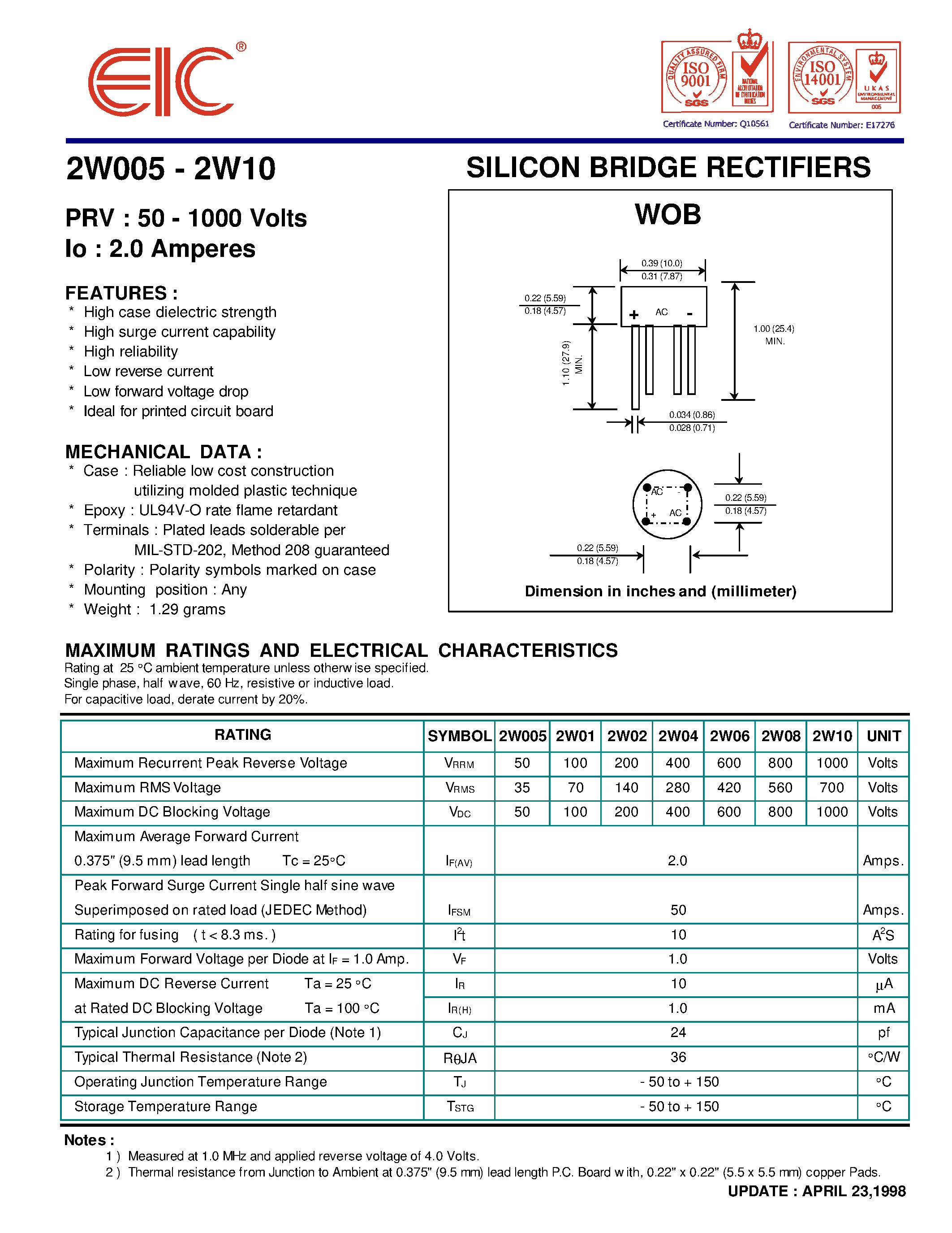 Datasheet 2W10 page 1 Datasheet 2W10 - SILICON BRIDGE RECTIFIERS page 1