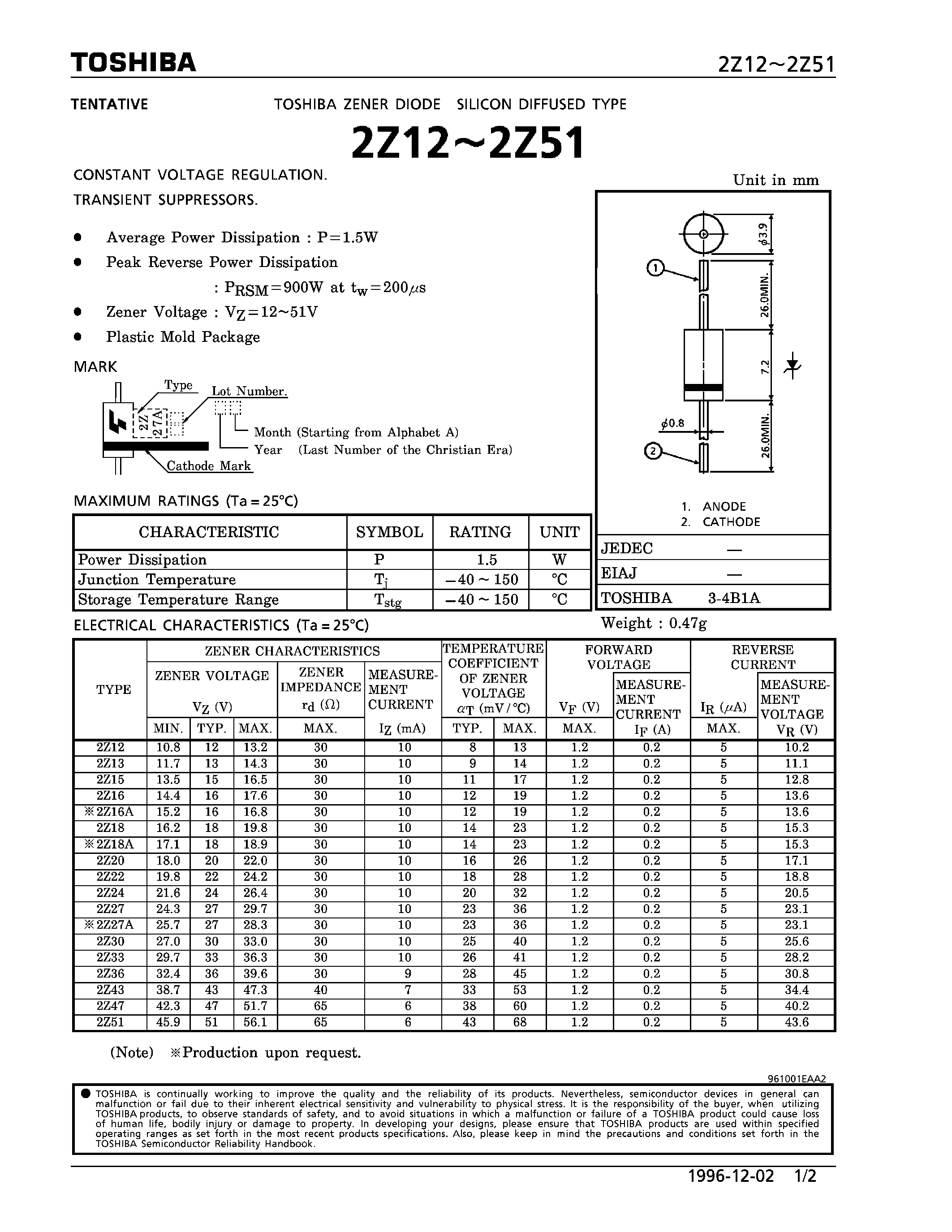 Datasheet 2Z12 page 1 Datasheet 2Z12 - DIODE (CONSTANT VOLTAGE REGULATION/ TRANSIENT SUPPRESSORS) page 1