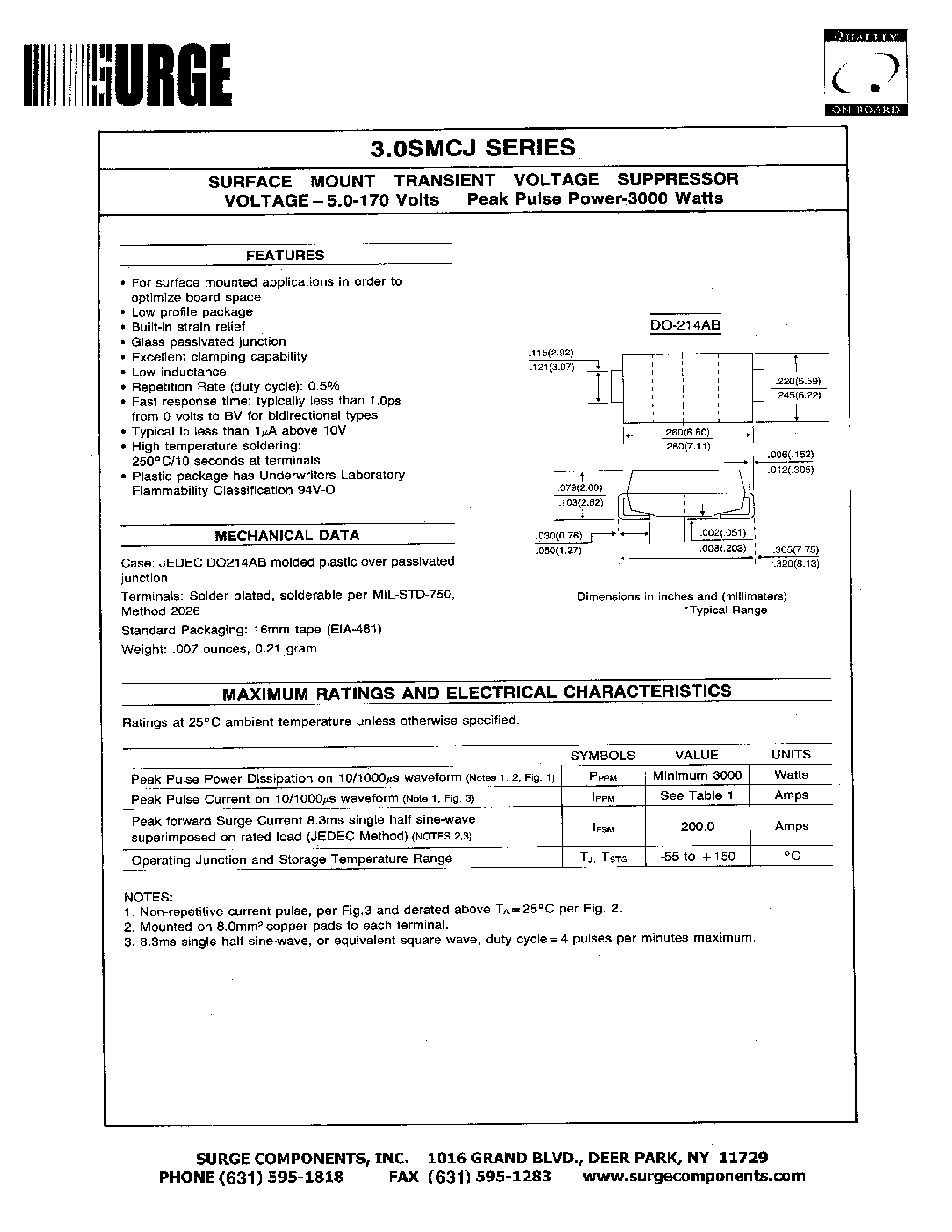 Даташит 3.0SMCJ28 - SURFACE MOUNT TRANSIENT VOLTAGE SUPPRESSOR VOLTAGE-5.0-170Volts страница 1