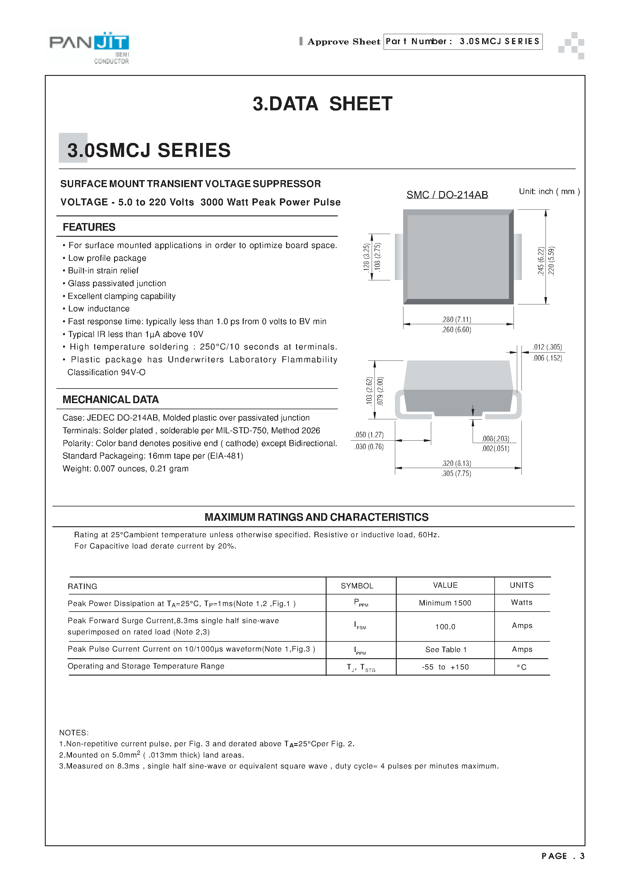 Даташит 3.0SMCJ33 - SURFACE MOUNT TRANSIENT VOLTAGE SUPPRESSOR(VOLTAGE - 5.0 to 220 Volts 3000 Watt Peak Power Pulse) страница 1